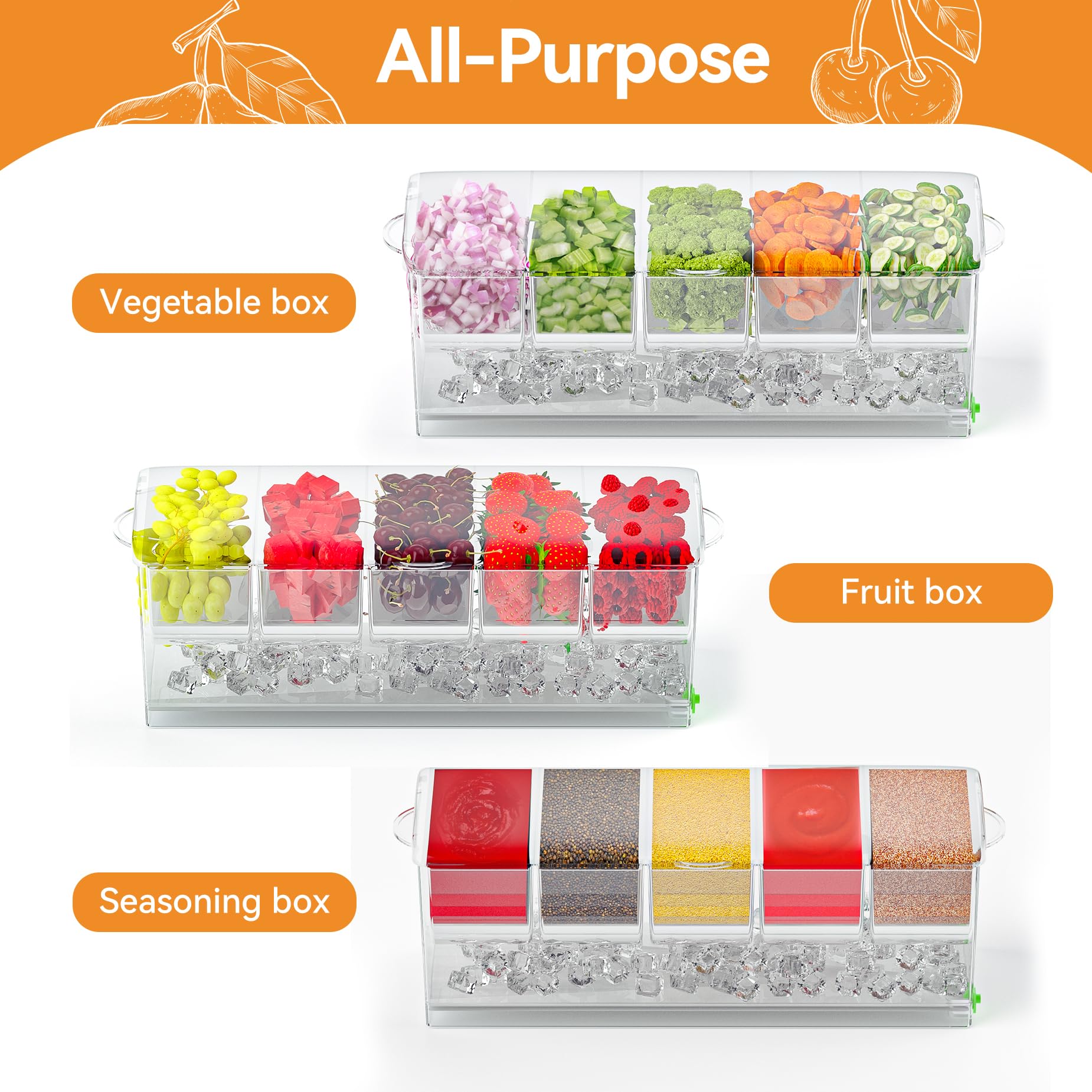 Dimber Chilled Condiment Server with Lid - Ice Cube Tray, 500 Forks, 2 Tongs & 6 Spoons - Versatile Condiment Caddy with Lids for Salad Bars, Mimosa Bars, Fruit Trays & Outdoor Parties