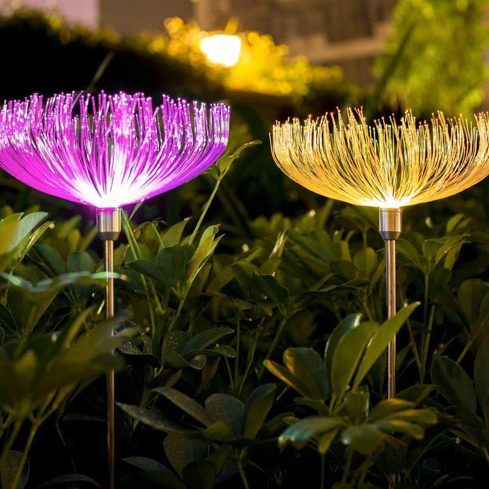 Solar Garden Lights Outdoor, 2 Pack Color Changing Fiber Optic Stake Lights for Walkway, Pathway, Backyard & Landscape Decoration - Waterproof Solar Powered LED Lights for Patio, Yard & Garden Decor