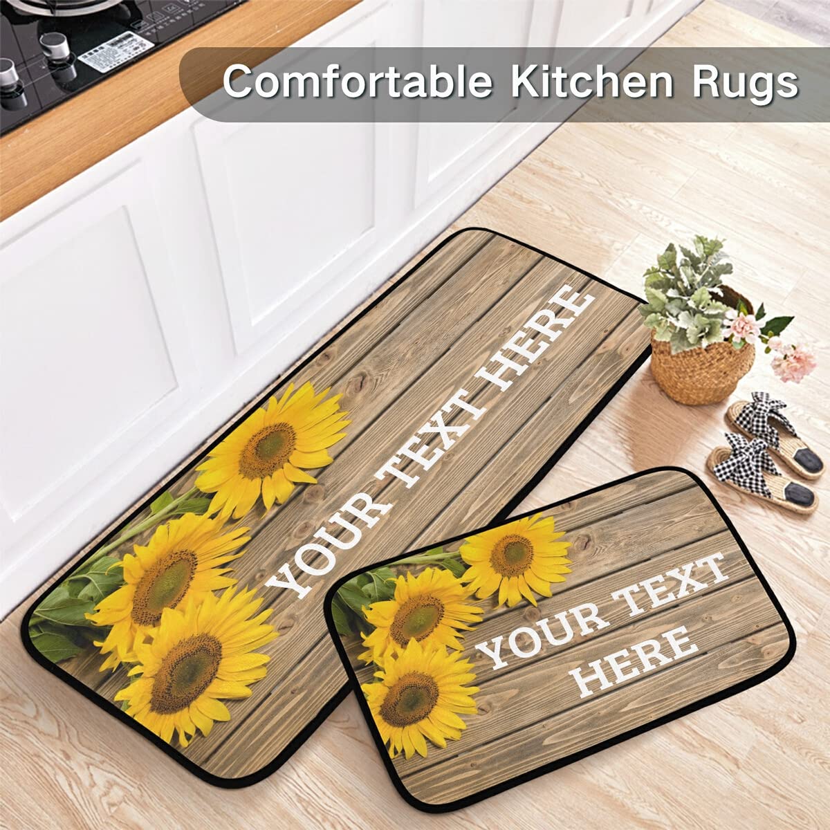 Custom Sunflowers Kitchen Rugs and Mats Set - 2 Piece Non-Slip Washable Runner Rug for Kitchen Floor, Laundry Room, and Home Decorative Use