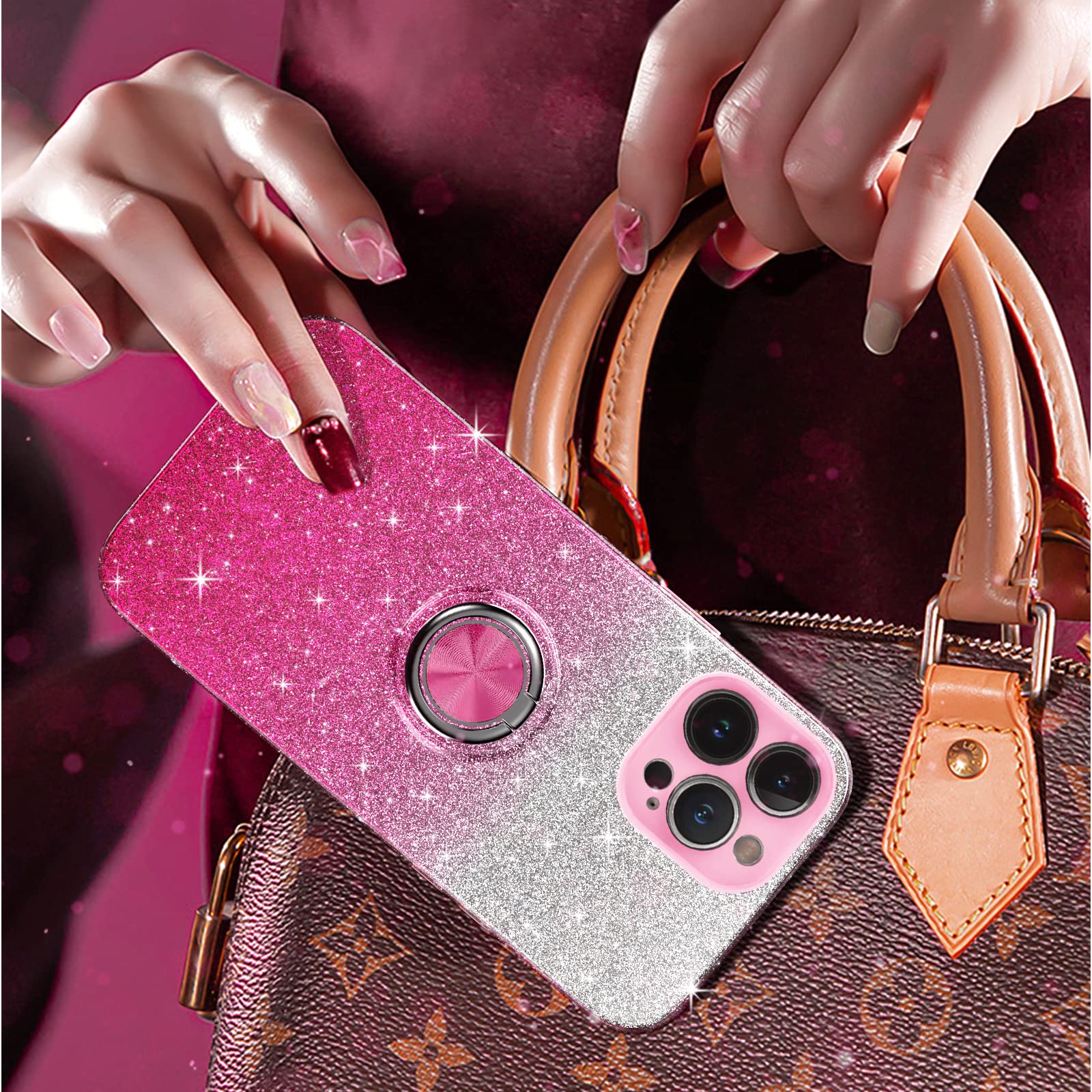Sparkly Glitter iPhone 12 Pro Max Case with 360° Ring Holder & Magnetic Car Mount | Slim Shock-Absorbent Protective Cover for Women (6.7