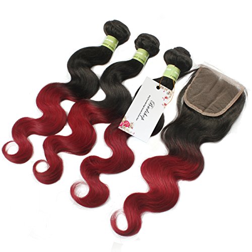 Badshop Ombre Hair Extensions - 100% Brazilian Virgin Human Hair, 4 Bundles with Closure, Body Wave, 1B/BUG (18, 20, 22, 24 inches) - Perfect for Styling, Volume Boosting & Everyday Glamour | Great for Weddings, Parties & Daily Hairstyles