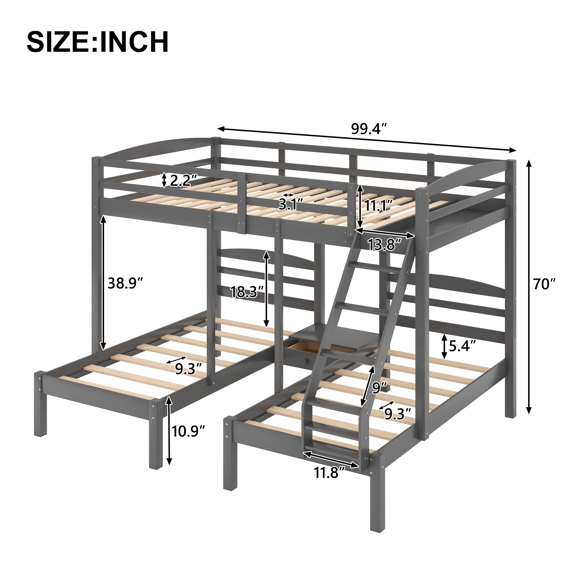 Harper & Bright Designs Full Over Twin & Twin Wood Triple Bunk Bed Frame with Guardrails - Sturdy Grey Bedroom Furniture for Kids, Teens & Guest Rooms | Space Saving Solution for Small Homes & Shared Bedrooms