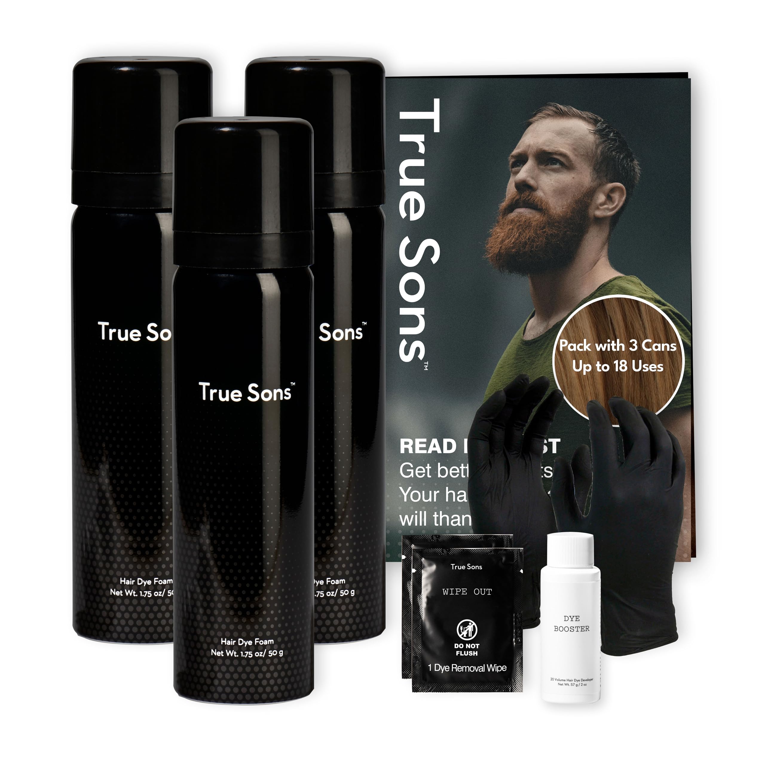 True Sons Hair Dye Foam for Men - Ammonia-Free, Natural-Looking Hair Color Kit with Instant Color Booster (3 Bottles, Light Brown) - Gentle Formula for Sensitive Skin, Easy At-Home Application - Perfect for Touch-Ups, Gray Coverage & Style Refresh
