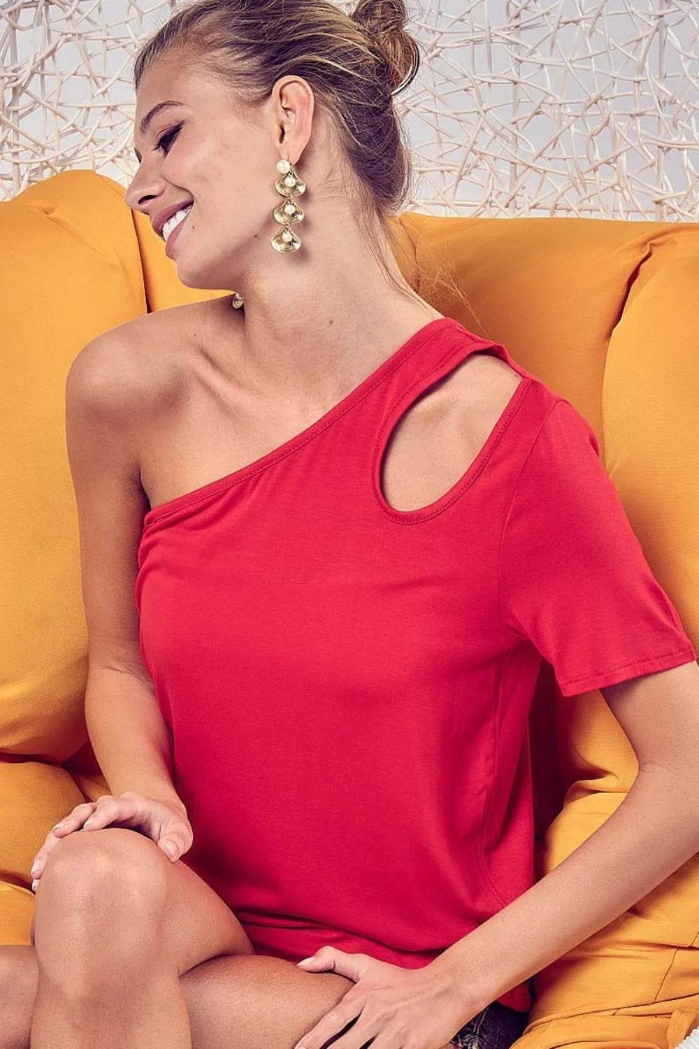 BiBi Cut Out Detailed One Shoulder Top - Sexy Women's Fashion Blouse for Night Out, Party, or Date Night