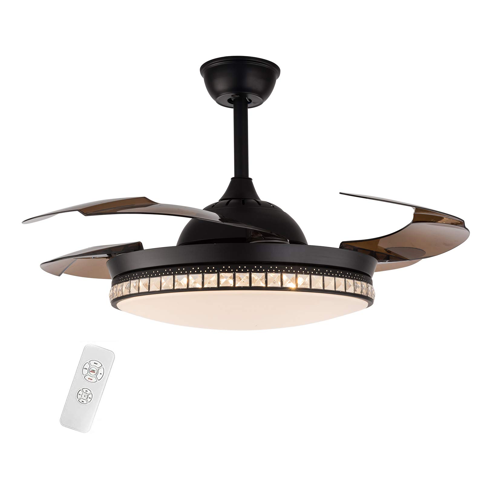42 Inch Modern Crystal Ceiling Fan with Remote Control - 4 Retractable Blades, Quiet Motor & Timer Function - Energy Efficient Indoor Ceiling Light with Fan for Bedroom, Living Room, Kitchen (Black) | Perfect for Home Cooling & Stylish Lighting Decor