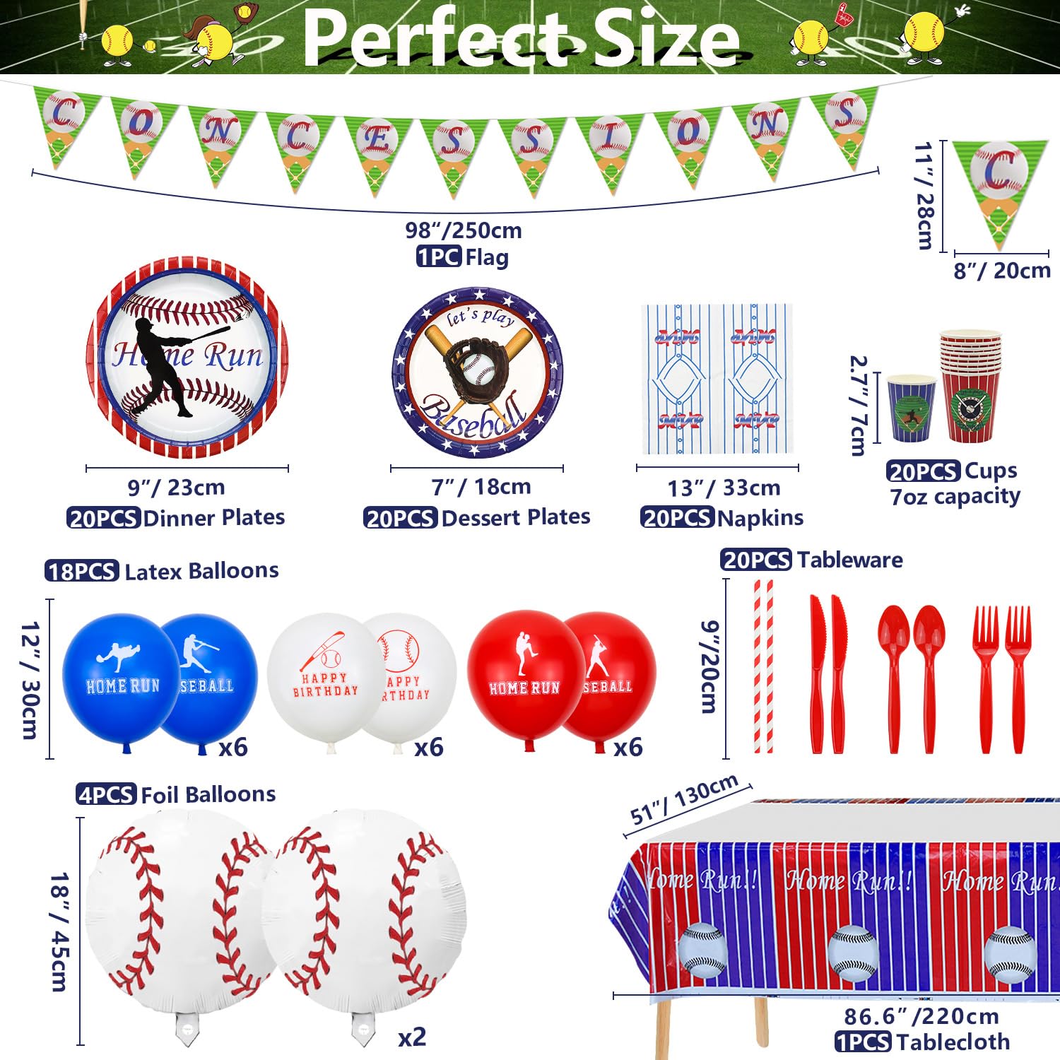 Baseball Birthday Party Decorations Set - Happy Birthday Backdrop, Plates, Cups, Napkins, Tablecloth & Balloons for Boys & Men - Serves 20 Guests - Perfect for Baseball Themed Parties, Sports Celebrations & Game Day Events