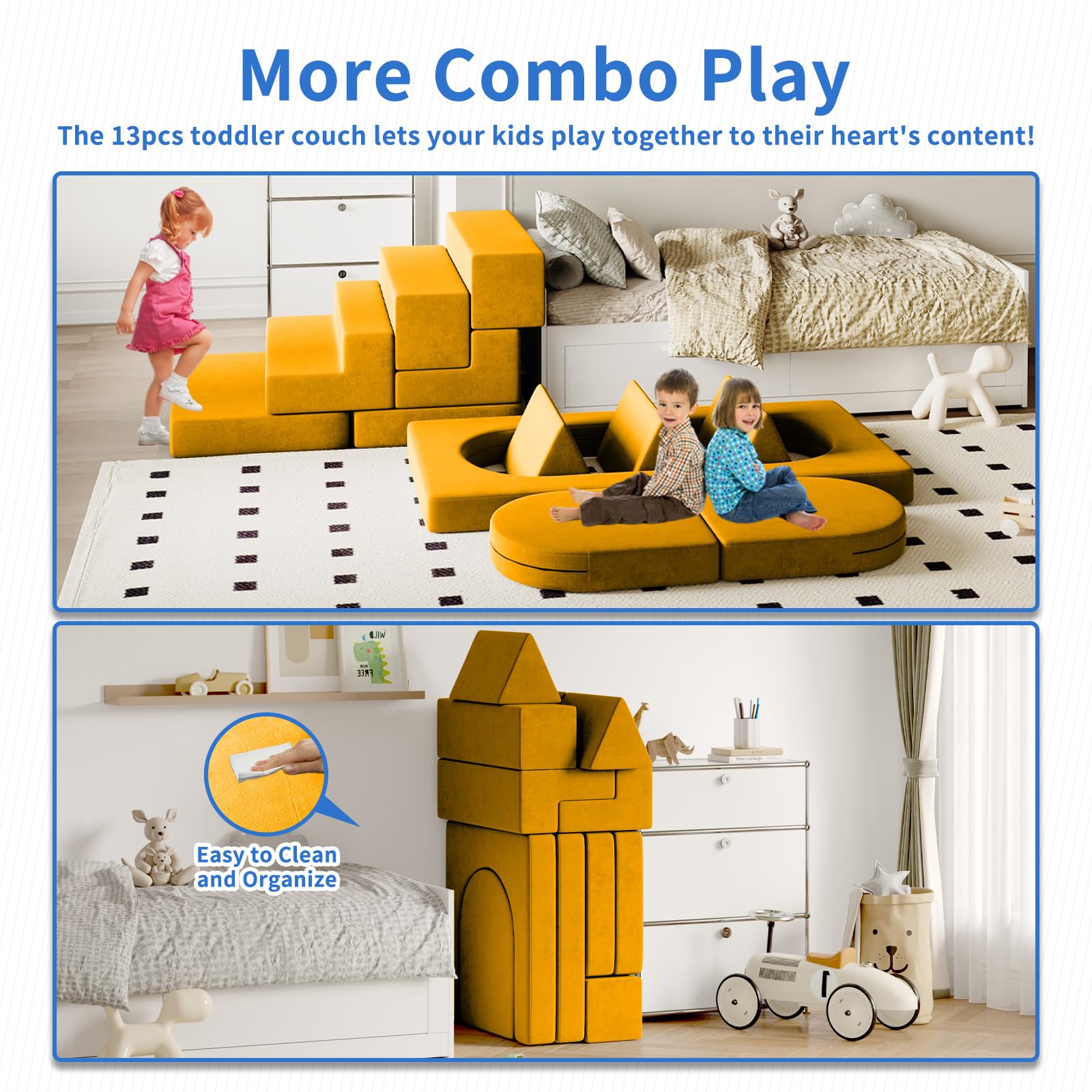 Wanan Modular Kids Play Couch - 13PCS Soft Foam Sectional Sofa for 4 Children, Playroom Furniture for Boys & Girls, Yellow Small (90103) - Perfect for Playrooms, Daycare Centers & Indoor Play Areas