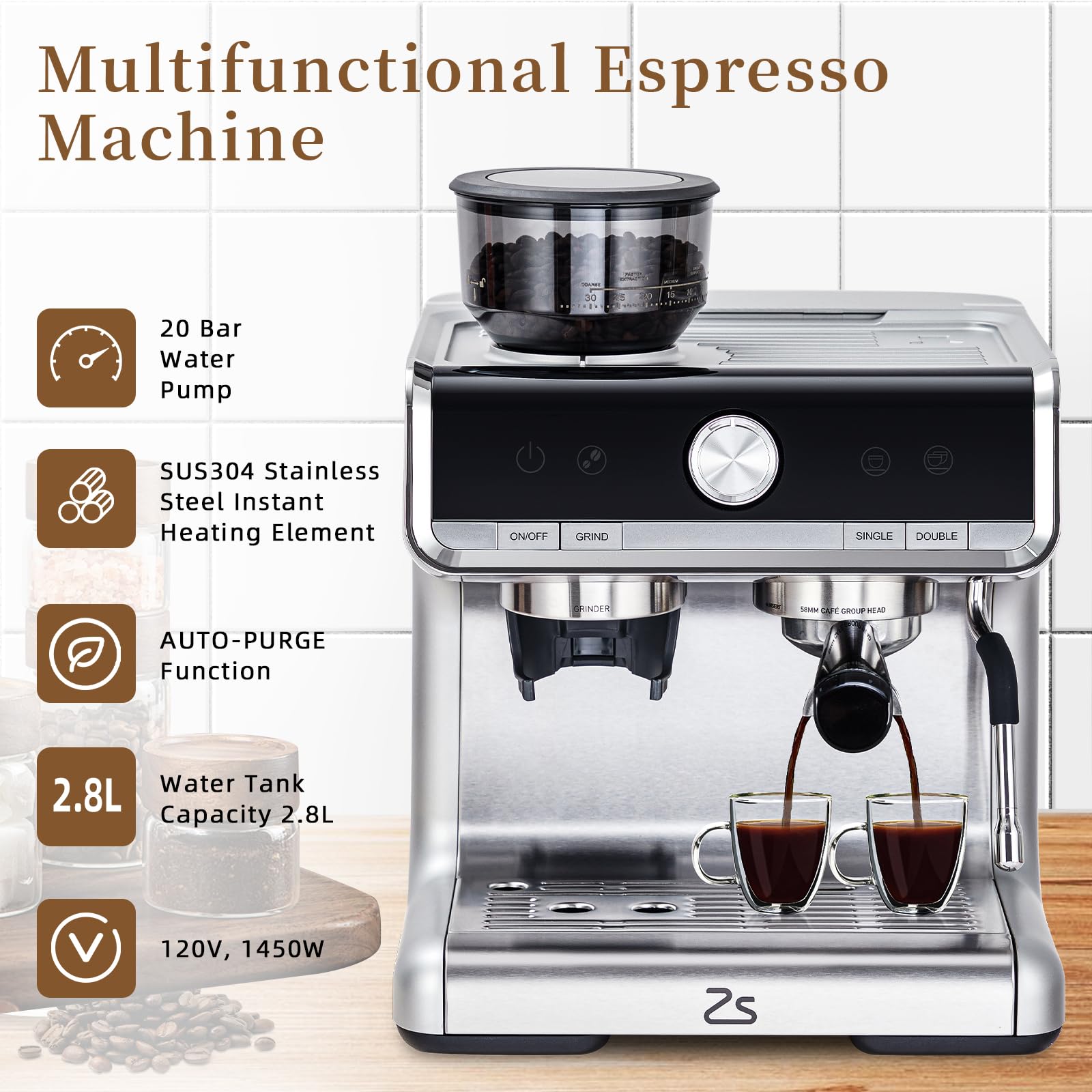 GAOMON 20 Bar Professional Espresso Machine with Built-in Grinder & Milk Frother, 2.8L Large Water Tank - Perfect for Home Baristas to Make Latte, Cappuccino & Espresso (1450W) | Ideal for Coffee Shops, Offices & Gift Giving