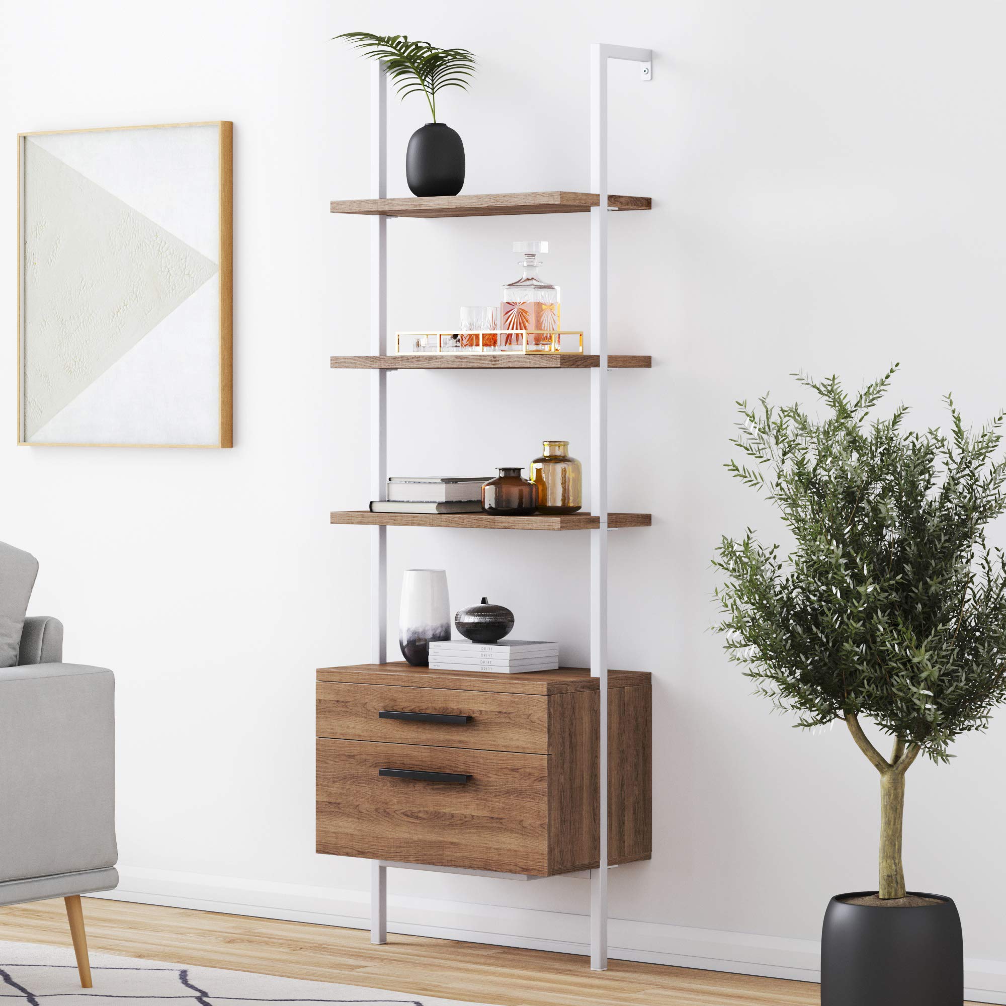 Nathan James Theo Industrial Bookshelf with Wood Drawers & Matte Steel Frame - 3-Tier Oak/White Storage Shelf for Living Room, Office & Bedroom Organization