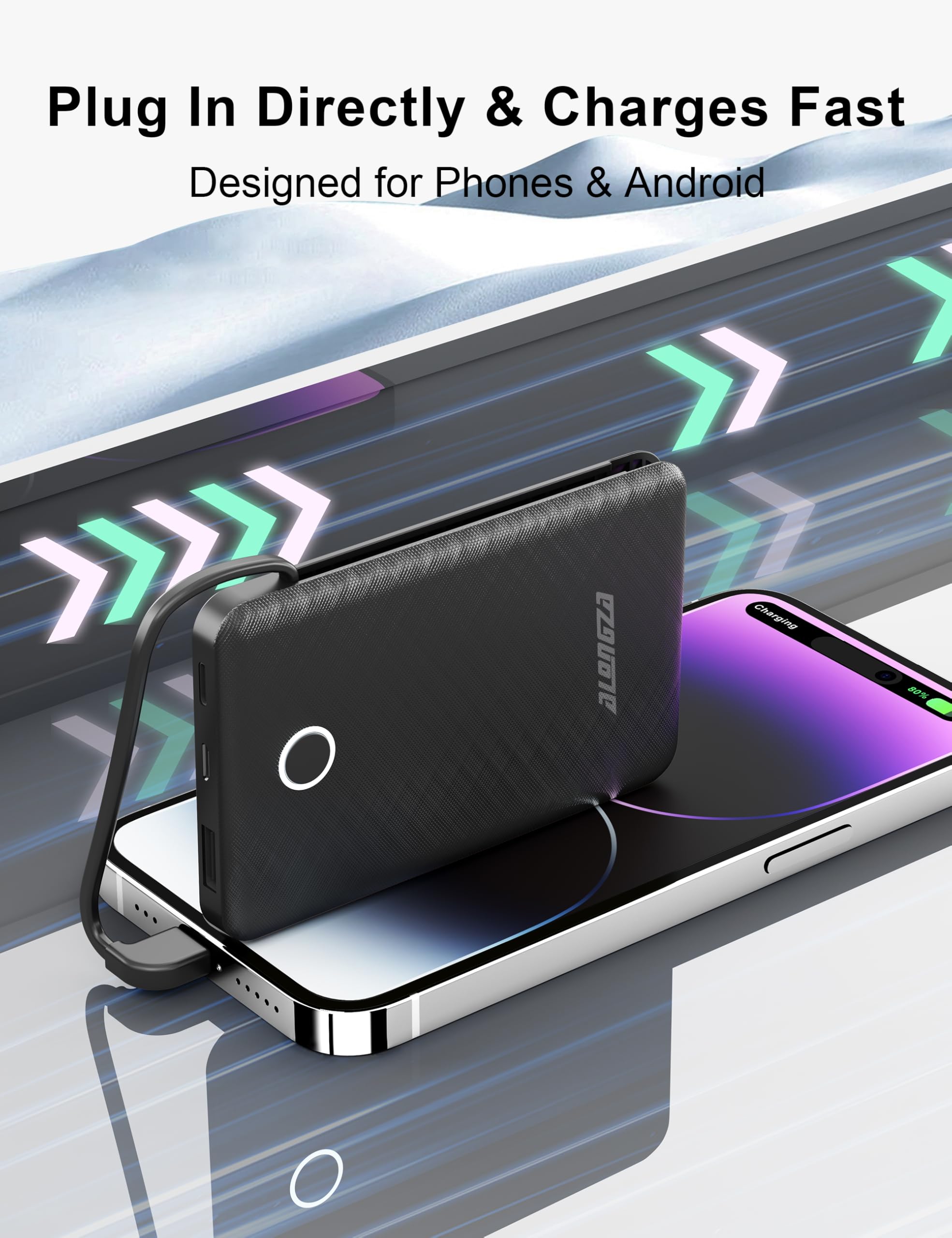 Alongza 6000mAh Ultra Slim Portable Charger with Built-in Cable - Compact Power Bank for iPhone, Samsung & Android Phones - Perfect for Travel, Camping & Emergency Backup (2 Pack, Black & White)