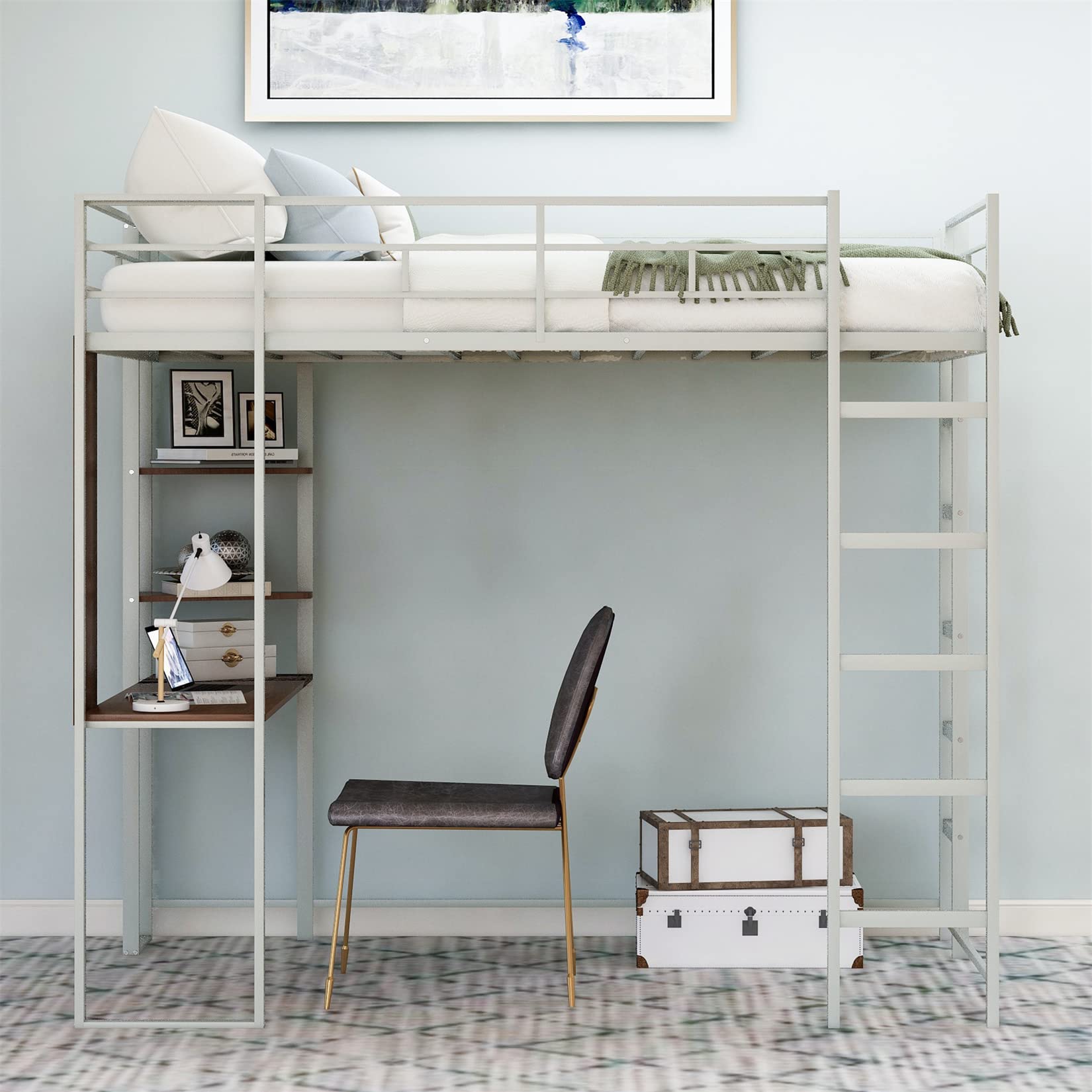 Bellemave Metal Loft Bed with Desk & Bookcase - Twin Size Space Saving Bunk Bed for Dorm Rooms, Kids & Teens - Includes 2 Ladders in Silver Finish | Perfect for Small Bedrooms, College Dorms & Studio Apartments