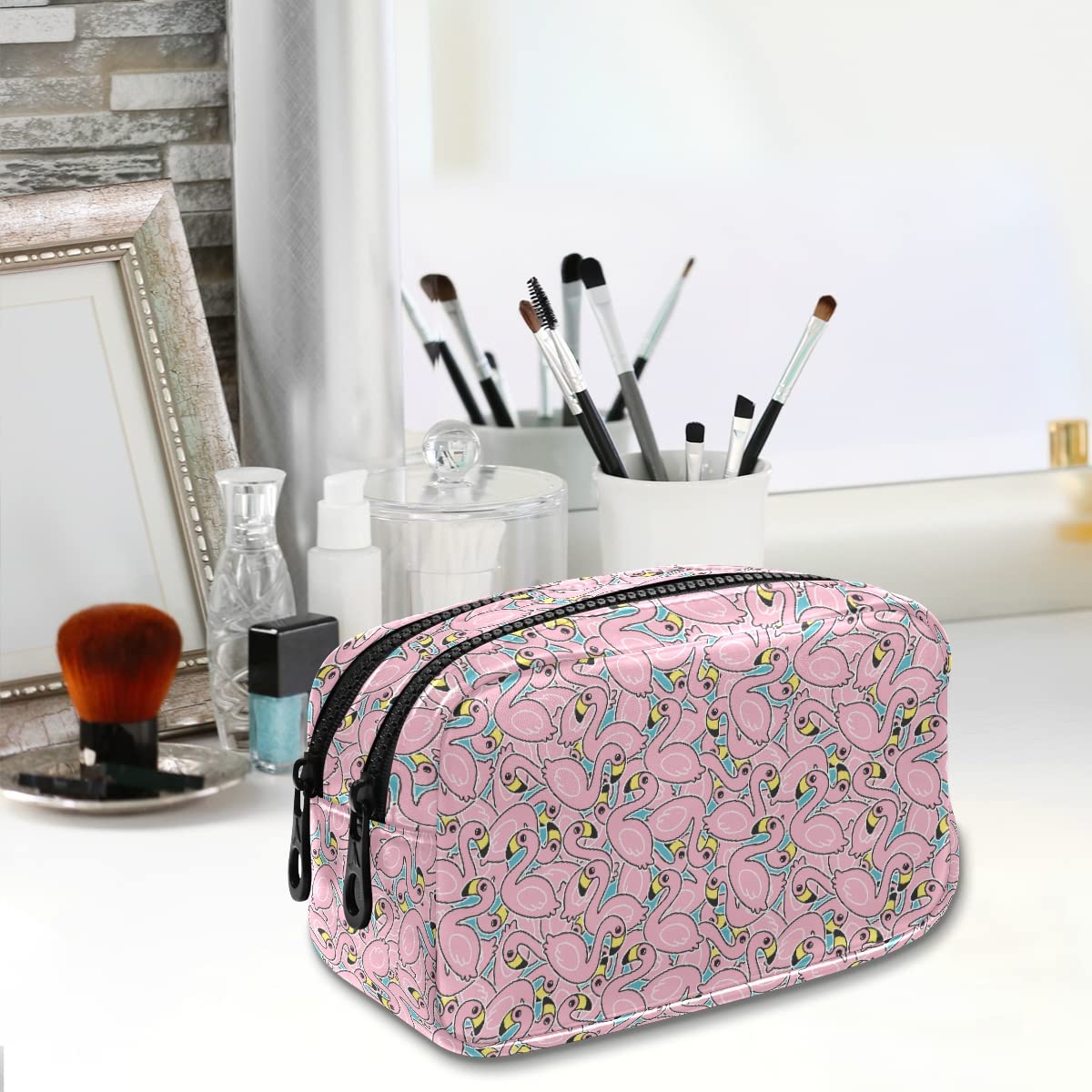 Pink Flamingo Leather Pencil Case with Zipper - 2 Compartment Women's Girls Makeup Bag for School, Office & Travel | Cosmetic Organizer, Toiletry Pouch & Pen Holder | Perfect for Backpack, Purse or Desk Organization