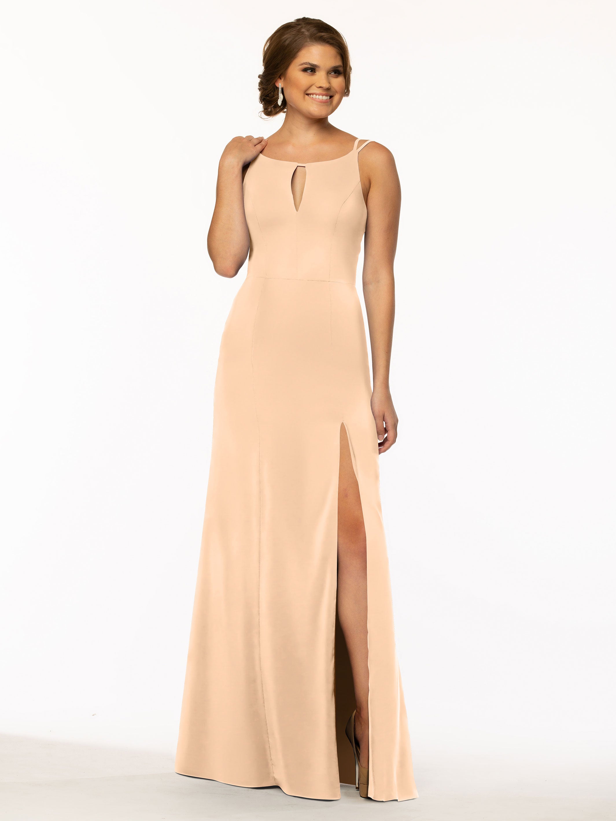 Elegant 83030 Sheath Stretch Chiffon Bridesmaid Dress with Bateau Neckline & Thigh Slit - Perfect for Weddings, Formal Events & Evening Parties