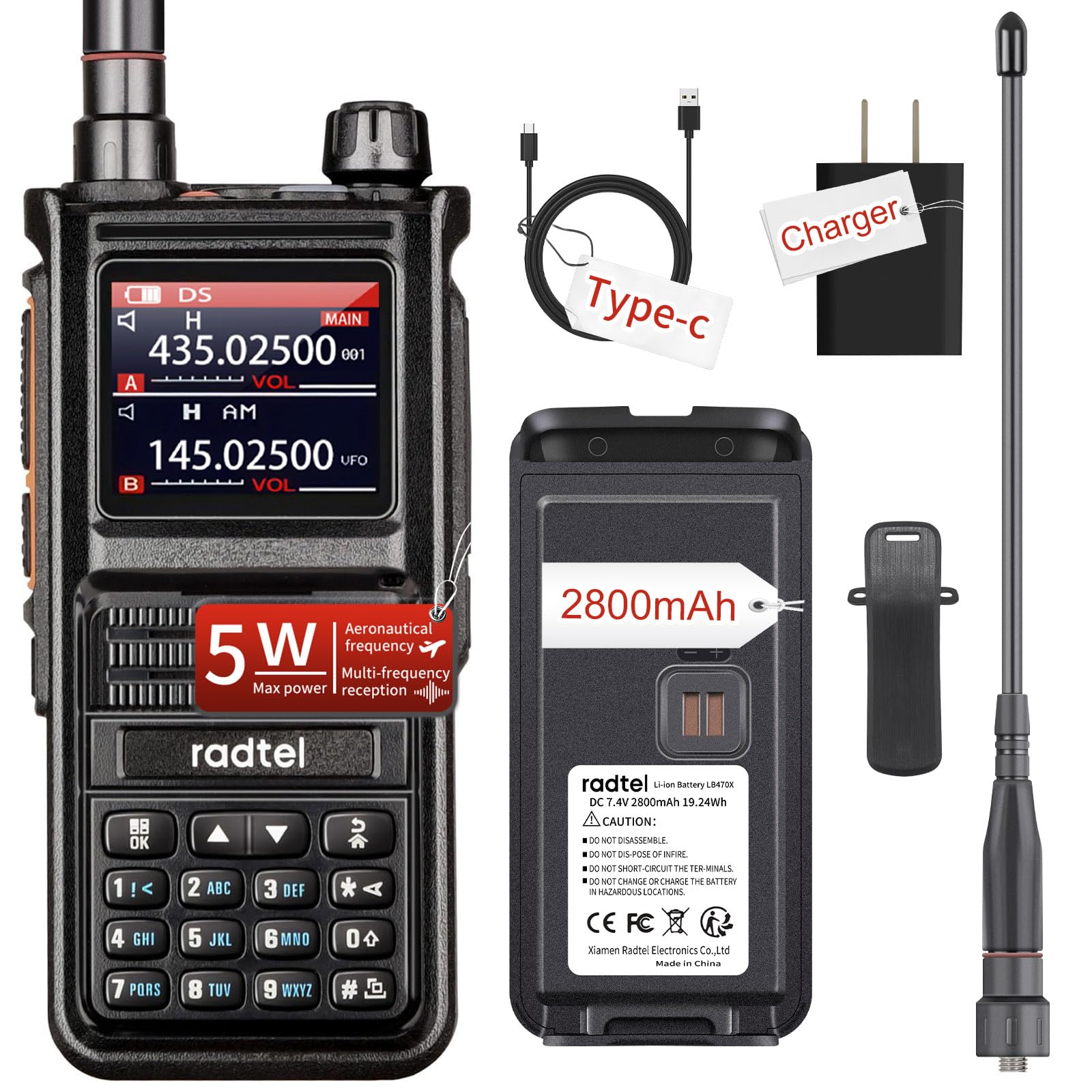 Radtel RT-470X Multi-Band Ham Radio - 256CH Aviation Air Band & NOAA Marine Walkie Talkie - Long Range Handheld Transceiver with USB-C & Wireless Copy Frequency - 2800mAh Battery (Standard) - Perfect for Outdoor Adventures, Emergency Communication & Aviation Enthusiasts