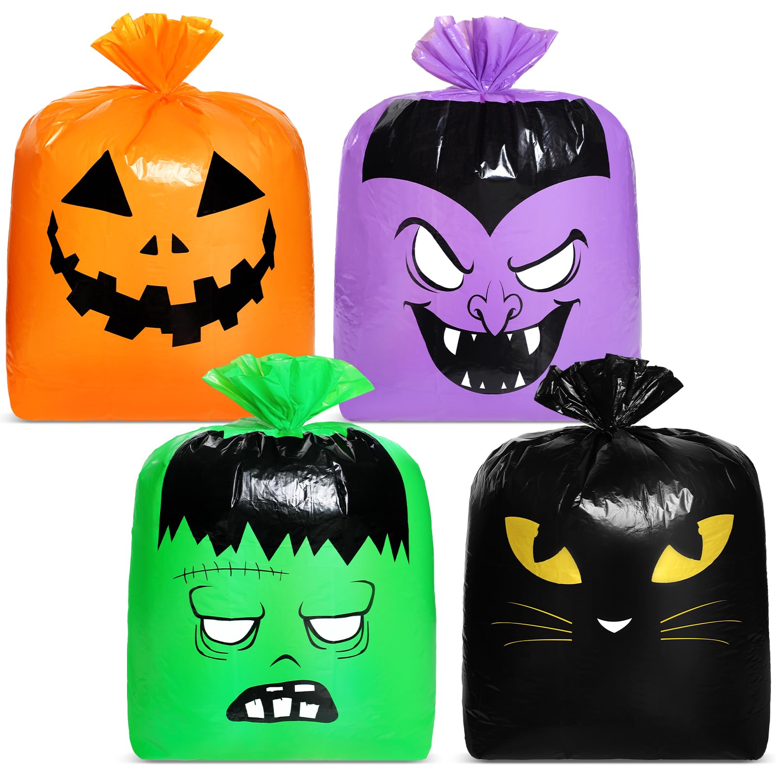 Qilery 4-Pack Extra Large Halloween Pumpkin Leaf Bags - Heavy Duty Reusable Plastic Lawn & Yard Waste Bags with Twist Ties | Fall Decor, Garden Cleanup, Outdoor Party Supplies & Trick-or-Treat Goodie Bags for Halloween Celebrations