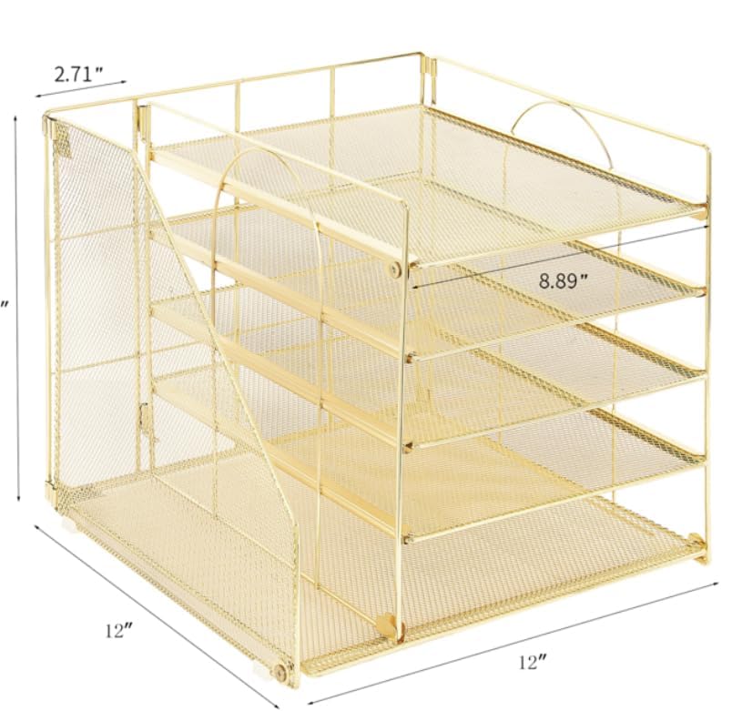 AUPSEN Mesh Desk Organizer with 5-Tier File Holder - Letter Paper Tray for Office Supplies, Home Office Organization (Gold) | Perfect for Workspace, Study Desk & Office Storage Solutions
