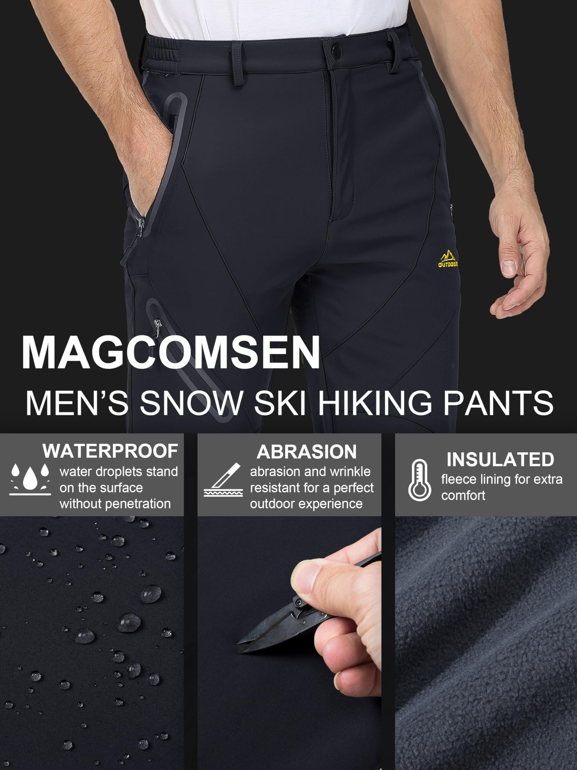 MAGCOMSEN Men's Winter Snow Pants - Fleece Lined Water Resistant Ski Pants with 4 Zip Pockets for Outdoor Activities, Skiing, Snowboarding & Cold Weather Adventures
