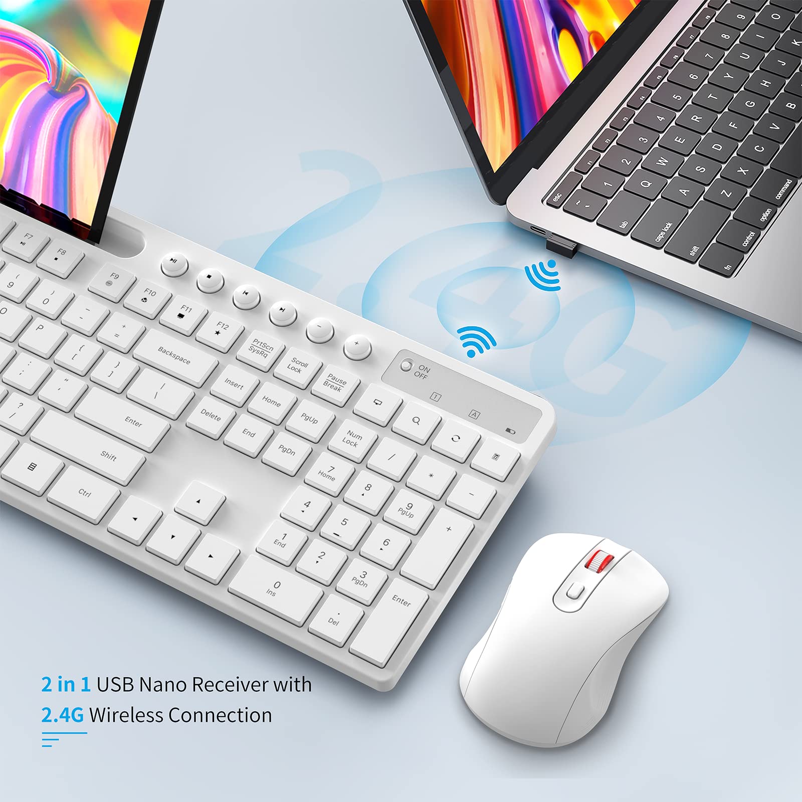 MARVO 2.4G Wireless Keyboard and Mouse Combo - Ergonomic Design with Silent 6-Button Mouse & Phone/Tablet Holder - Compatible with MacBook & Windows PC (White) - Perfect for Office, Home & Remote Work