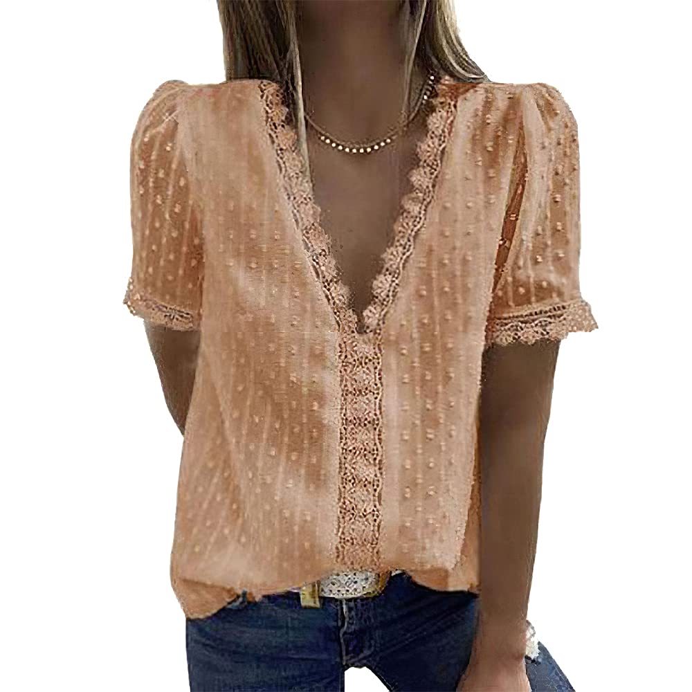 Women's V Neck Lace Crochet Flowy Casual Blouse - Short Sleeve Vintage Elegant Tunic Top for Summer, Beach, and Boho Chic Outfits
