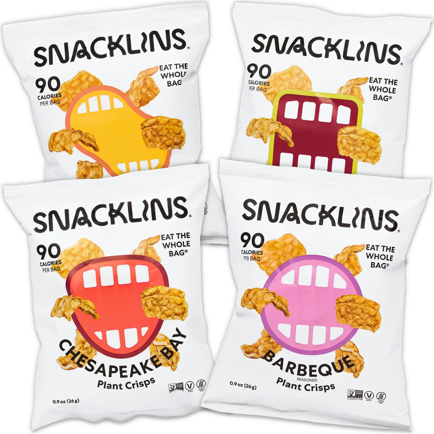 SNACKLINS Plant Based Crisps - 4 Flavor Variety Pack (Nacho, BBQ, Teriyaki, Chesapeake Bay) | Gluten Free, Grain Free, Vegan, Kosher, No Added Sugar | Healthy Crunchy Puffed Snacks | Perfect for Parties, Road Trips & Office Snacking | 0.9oz Bags (Case of 48)