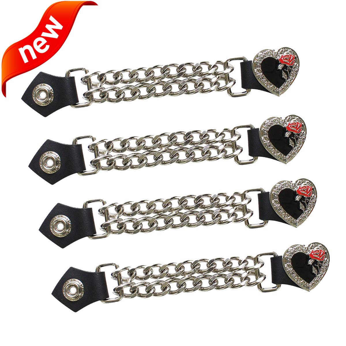 4 Pack Motorcycle Vest Extender Chain for Men & Women - Black Heart & Rose Design | Perfect for Biker Jackets, Leather Vests & Riding Gear Accessories