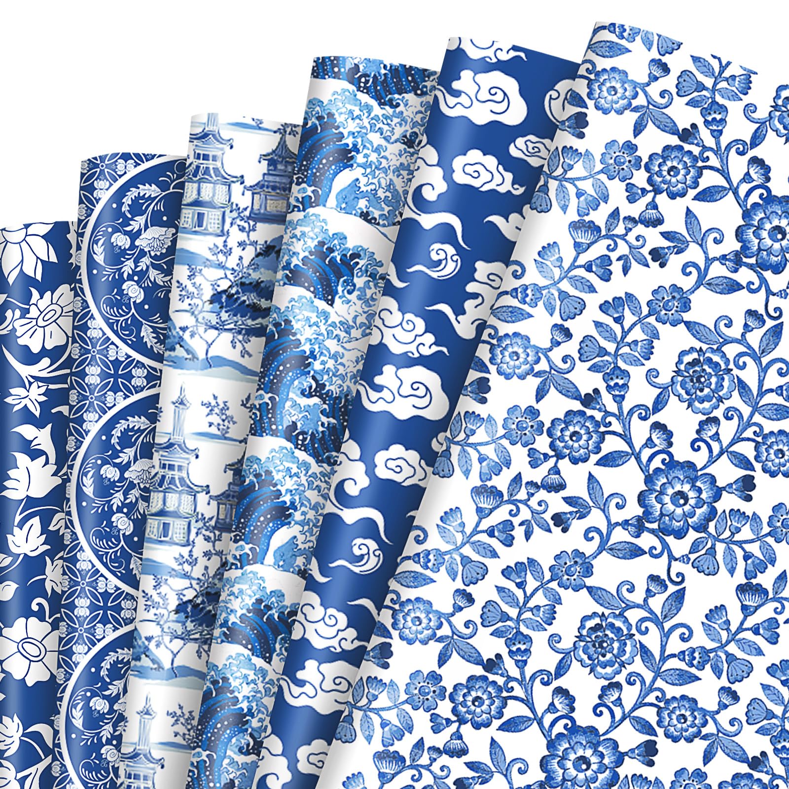 Premium Whaline 12-Sheet Blue Chinoiserie Wrapping Paper Set - 19.7