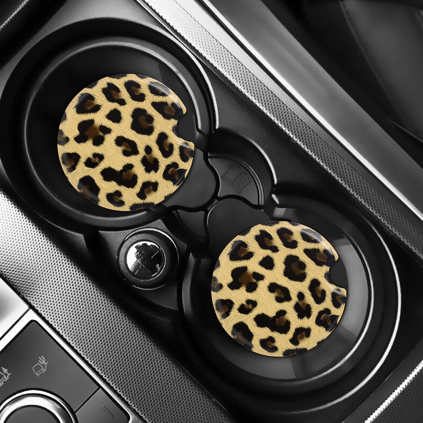 SHANSHUI 2 Pack Absorbent PU Leather Car Coasters for Drinks - Cute Yellow Leopard Cup Holder Accessories for Women | Perfect for Car, Office & Travel Use