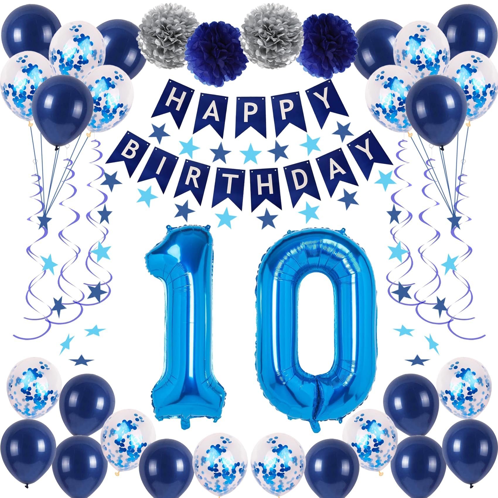 10th Birthday Party Decorations Set - Blue Happy Birthday Balloons, Banner & Number 10 Balloons for Boys, Girls, Men & Women | Perfect for 10th Anniversary Celebrations, Milestone Parties & Decorative Photo Backdrops