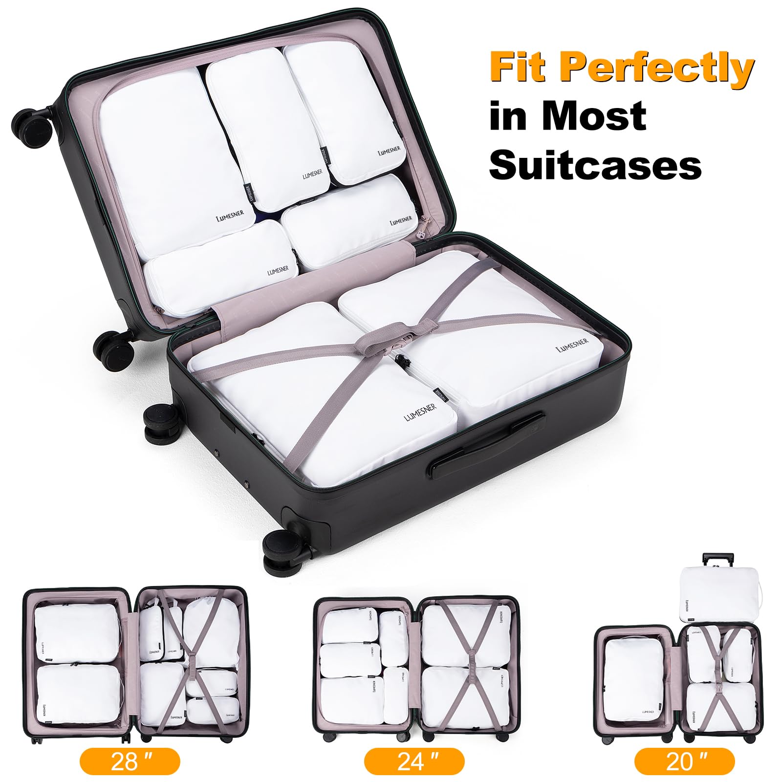 Lumesner 8-Piece Compression Packing Cubes Set for Travel - Space Saving Organizers for Carry-On Luggage & Suitcases (White) | Perfect for Business Trips, Vacations & Weekend Getaways