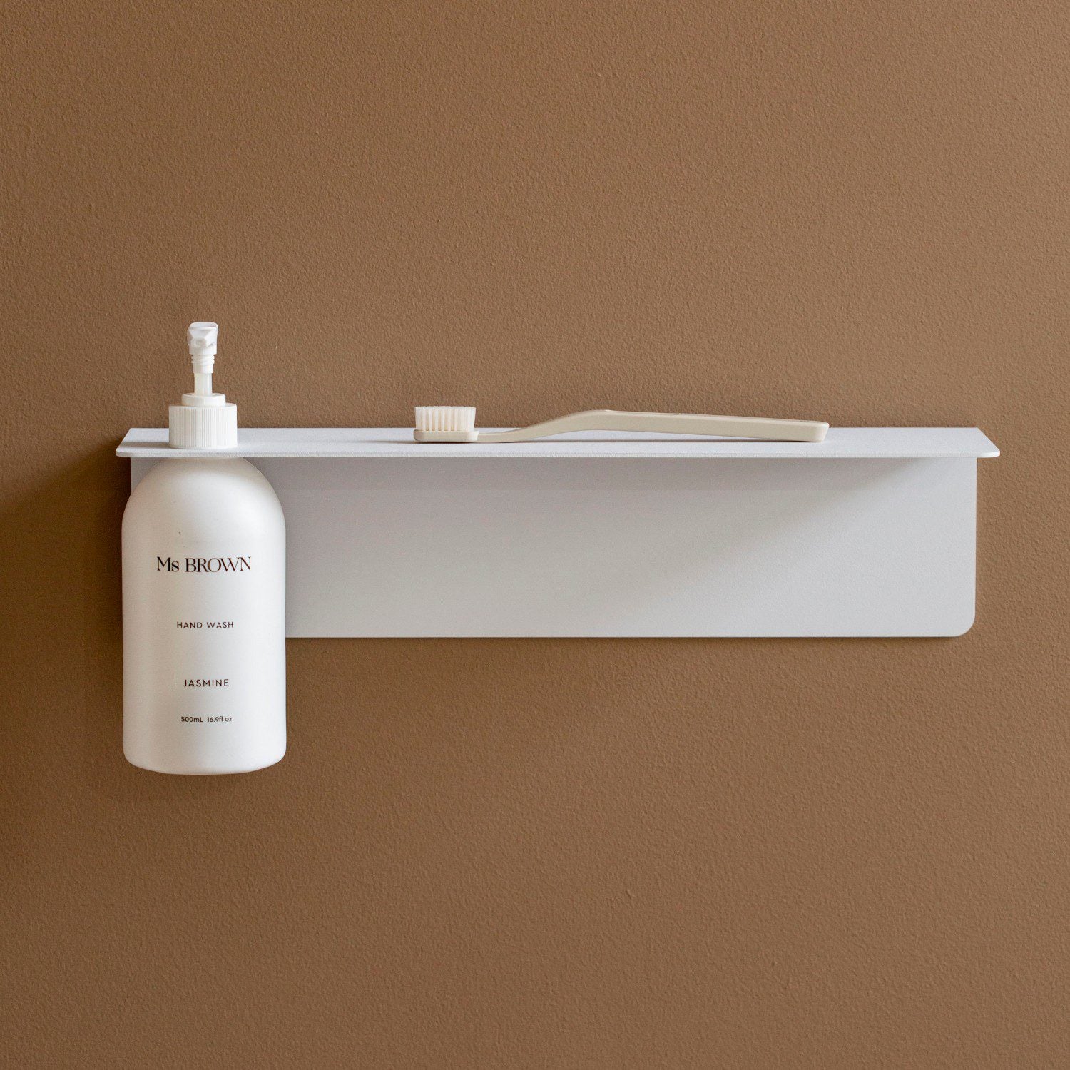 DESIGNSTUFF White Wall Mounted Shelf with Single Soap Dispenser Holder - 40cm Bathroom Organizer for Small Spaces, Kitchen Storage Solution