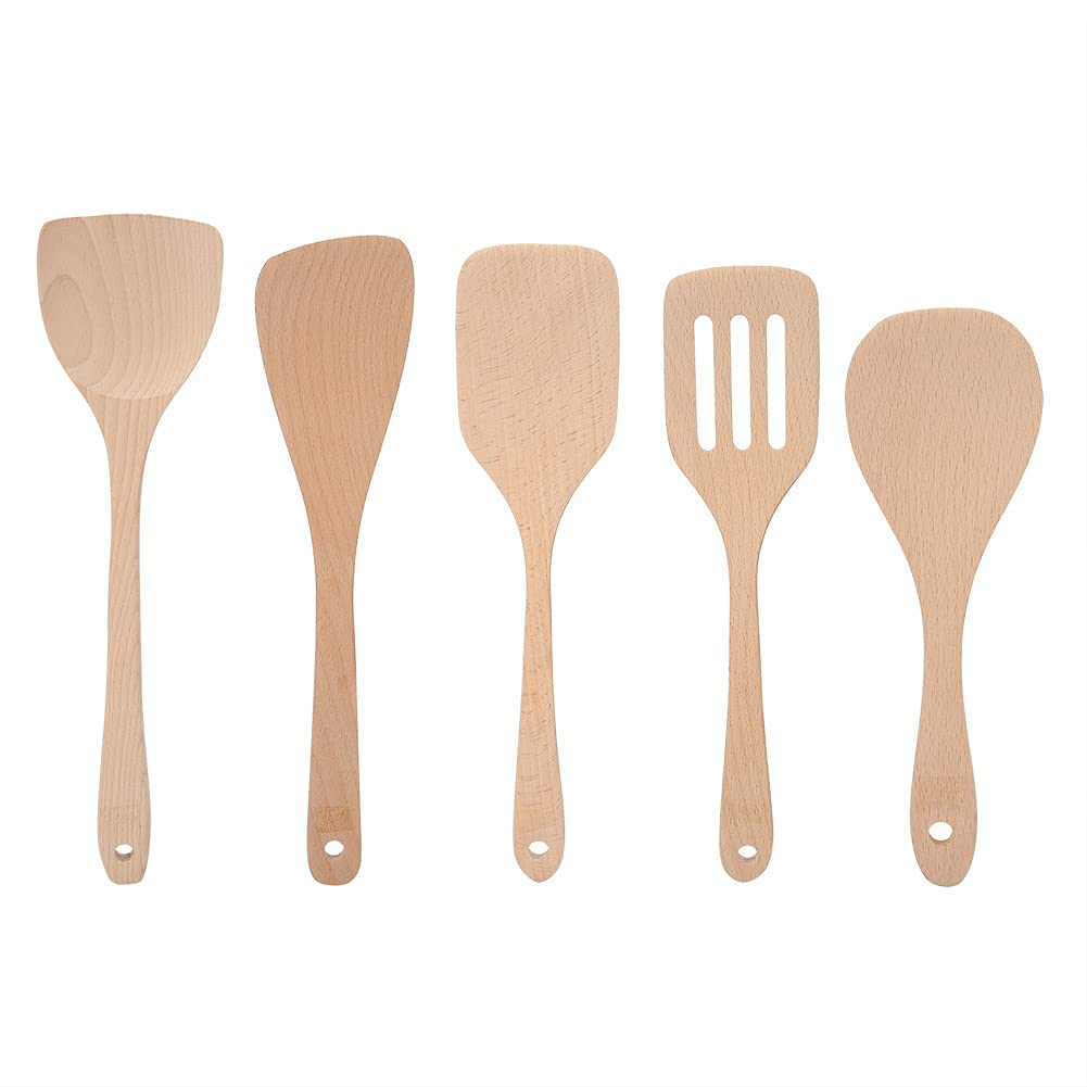 5-Piece Unpainted Wooden Spatula Set - Non-Stick Kitchen Utensils with Short, Angled, Flat, Slotted Spatulas & Rice Spoon for Cooking, Baking & Serving - Eco-Friendly Wooden Spatulas for Home Chefs