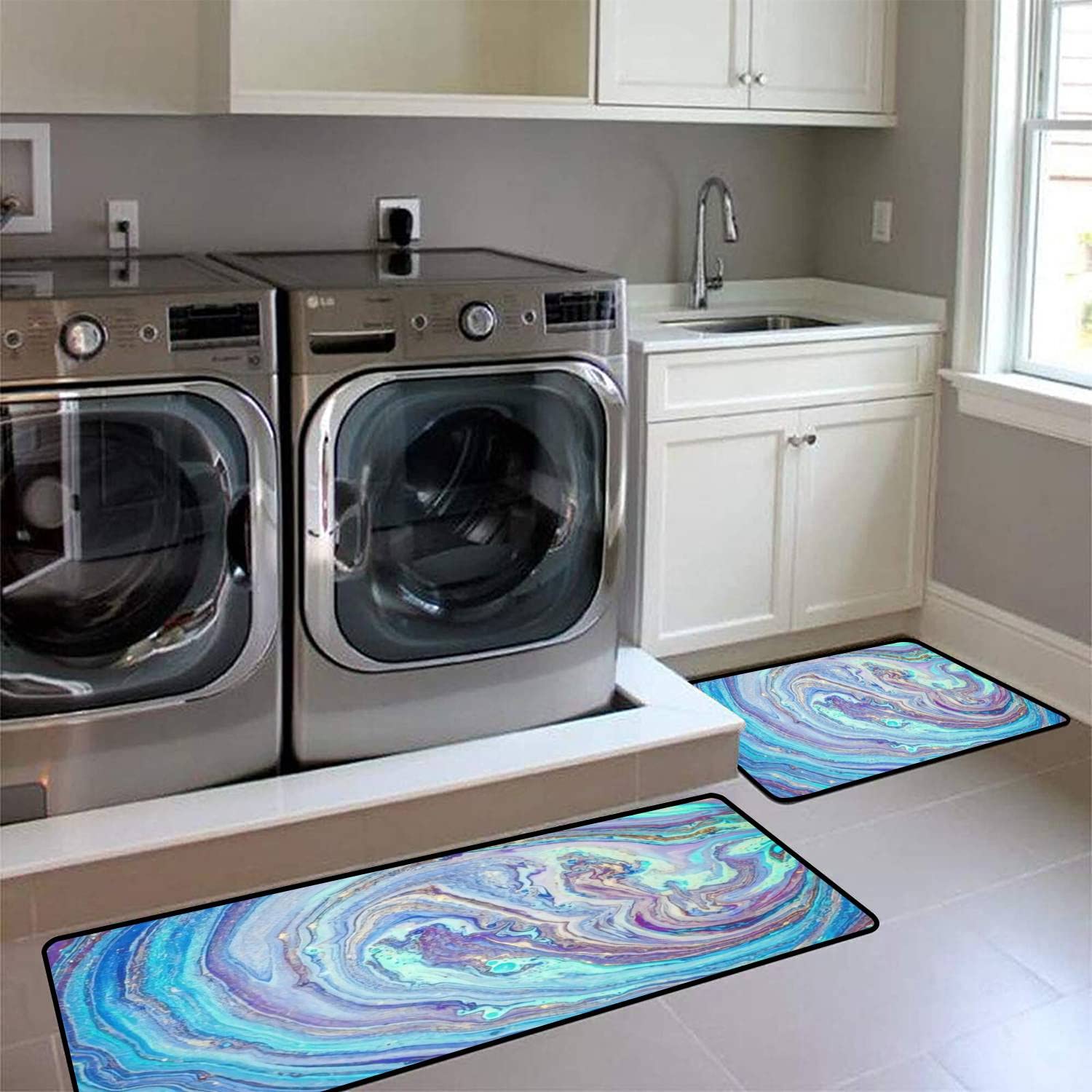 Trendy Pastel Marble Kitchen Rugs Set - Non-Slip Washable Floor Mat, Luxury Kitchen Runner & Bath Rug for Home Decor - Perfect for Standing Comfort in Kitchen, Entryway, and Bathroom
