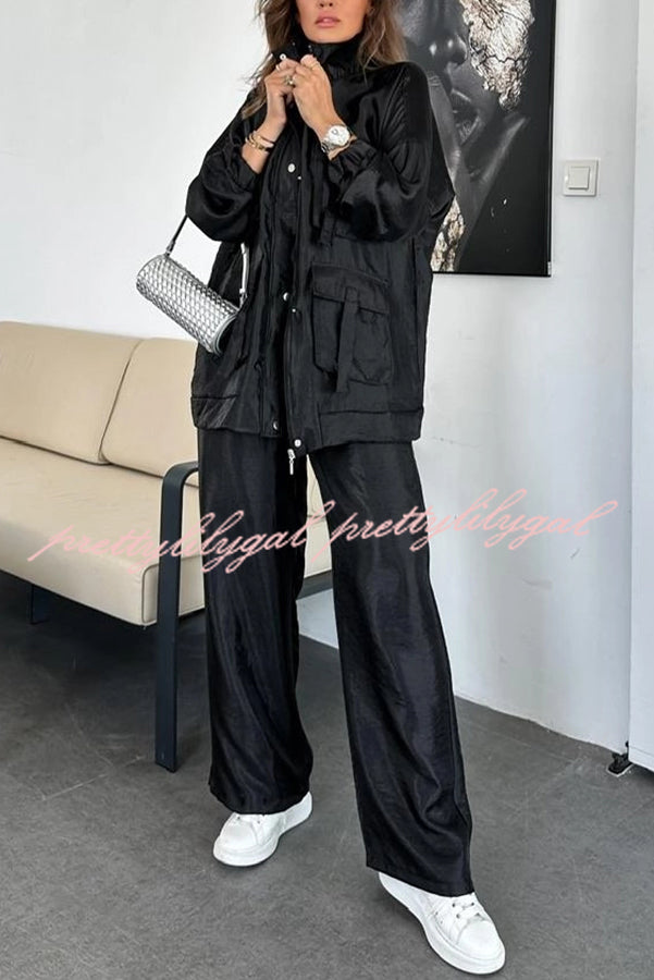 Easy on Me Metallic Fabric Elastic Waist Pocketed Wide Leg Pants for Women - Comfortable Stretchy Lounge Pants for Yoga, Travel & Casual Wear