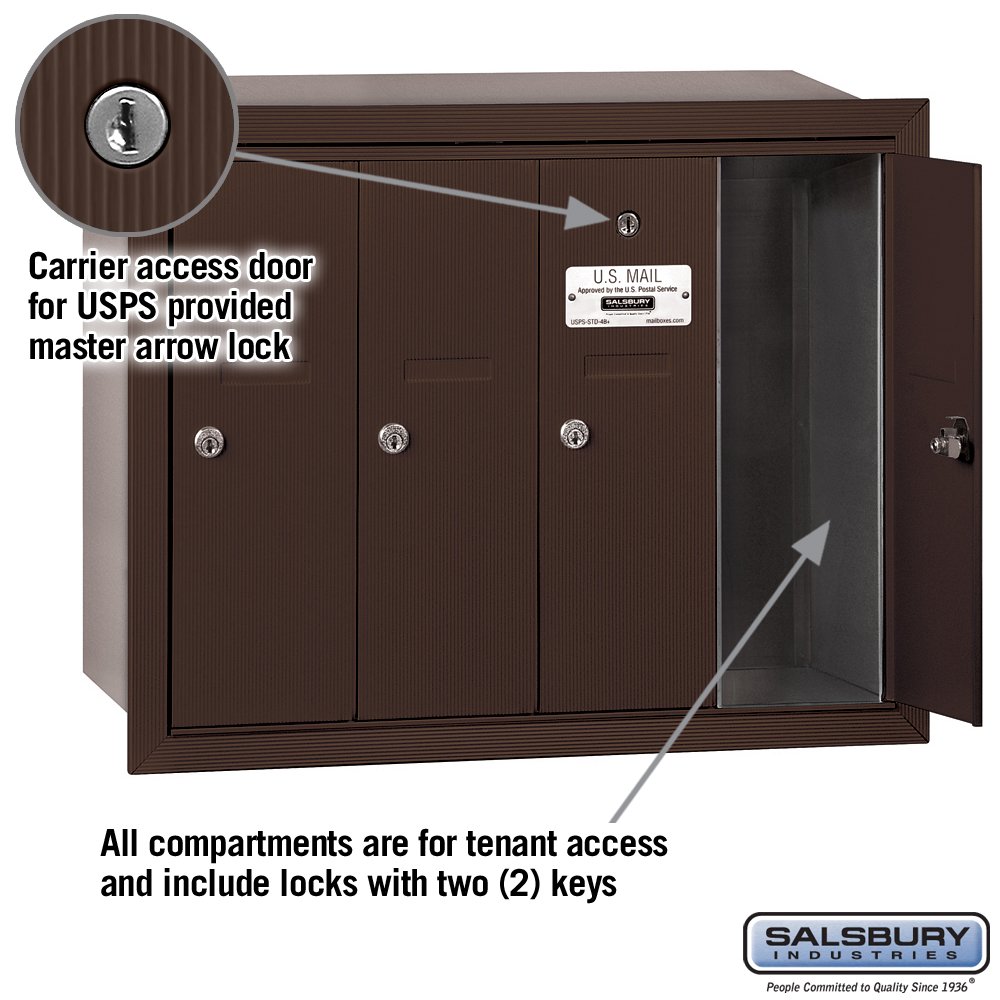 Salsbury Industries 3504ZRU Recessed Mount Vertical Mailbox with USPS Access - 4 Door Bronze Mailbox for Home & Business Use - Secure Mail Collection Solution for Apartments, Offices & Residential Areas