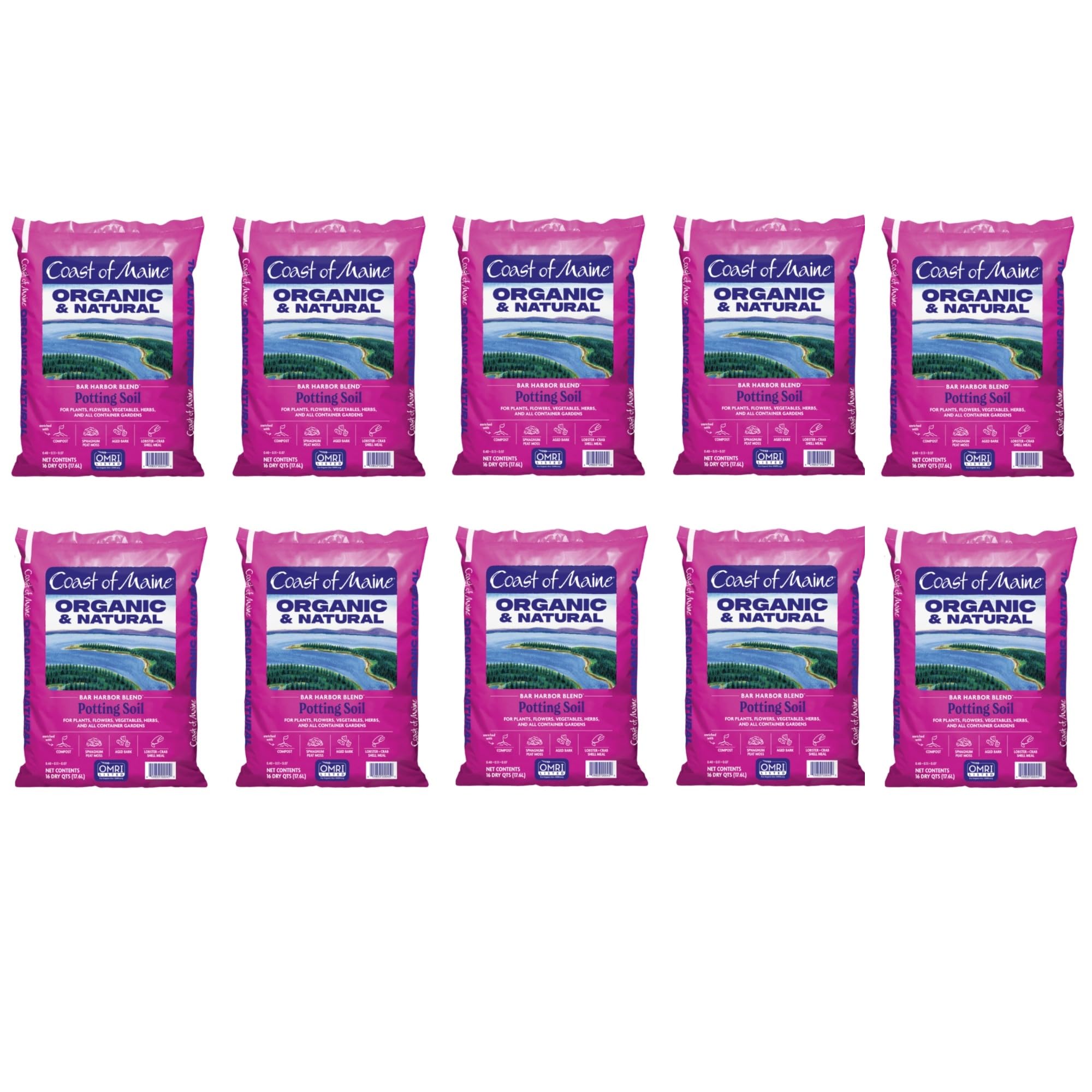 Organic & Natural Coast of Maine Bar Harbor Blend Potting Soil - 16qt (Pack of 10) for Houseplants, Flowers, Vegetables, Herbs & Container Gardening - Perfect for Indoor & Outdoor Planting, Raised Beds & Urban Gardens