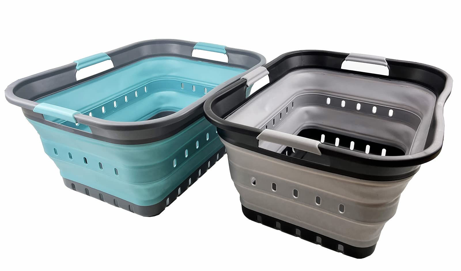 SAMMART 42L (11 Gallon) Set of 2 Collapsible Plastic Laundry Baskets - Foldable Pop-Up Storage Organizer with Handles - Space Saving Clothes Hamper for Home, Dorm, RV & Travel (Alloy Grey + Crystal Blue)
