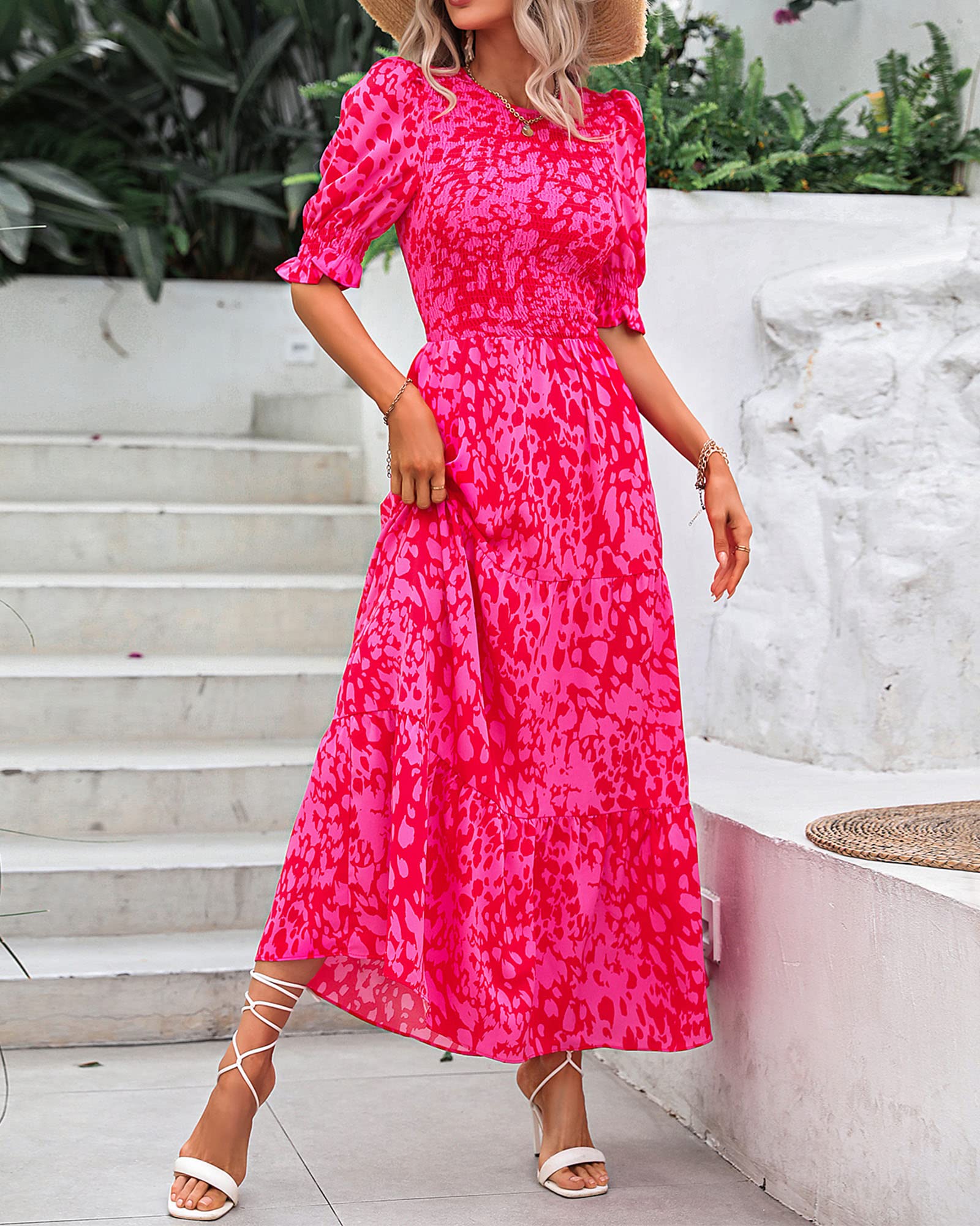 BTFBM Women's Floral Print Boho Maxi Dress - Summer & Spring Casual Dress with Crew Neck, Ruffles & Short Sleeves | Perfect for Beach Vacations, Date Nights & Outdoor Events