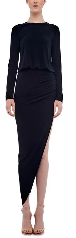 Norma Kamali Women's Long Sleeve Crew Neck Side Drape Gown - Elegant Formal Evening Dress for Weddings, Galas & Special Occasions