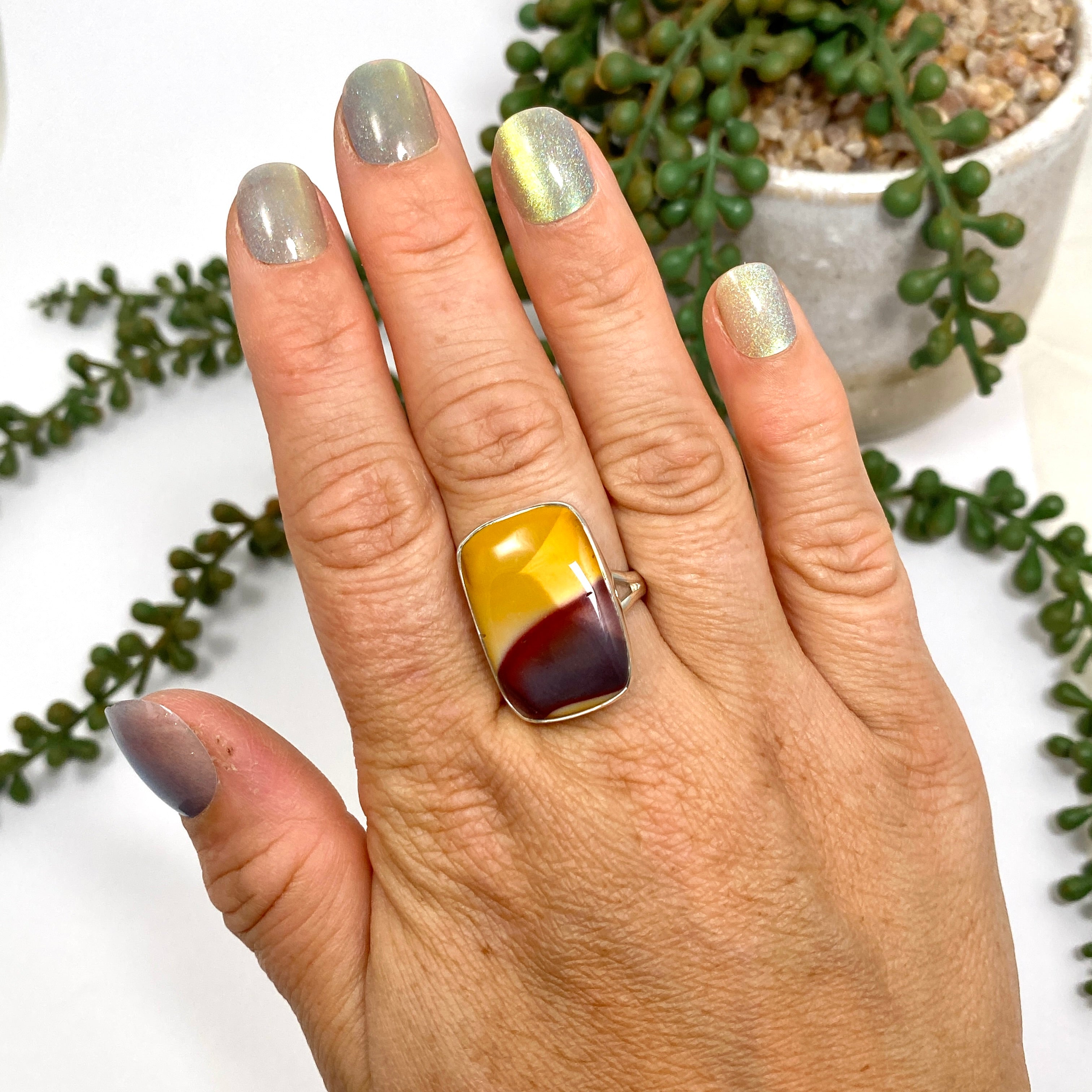 Natural Mookaite Rectangular Cabochon Ring - Size 9 - KRGJ3385 - Perfect for Boho Jewelry & Crystal Healing Collections