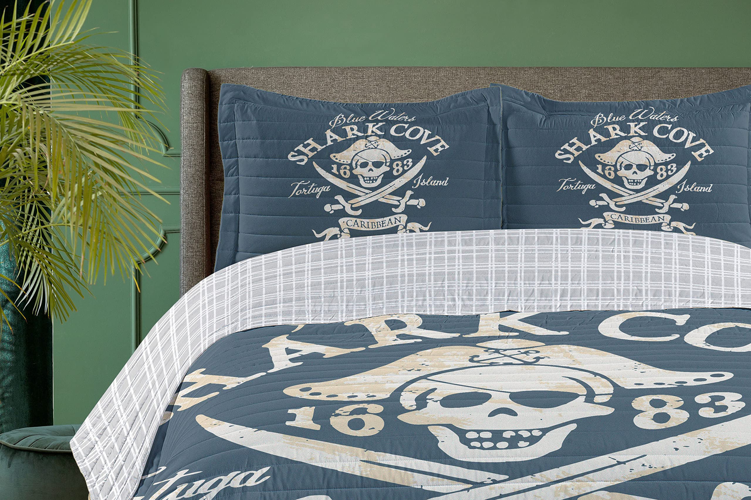Ambesonne Pirate Reversible Bedspread Set - Shark Cove Tortuga Island Caribbean Waters Retro Jolly Roger Design | Microfiber Comforter & Pillow Shams | Queen Size Bedding in Pale Mustard & Slate Blue | Perfect for Nautical Themed Bedrooms, Pirate Lovers & Coastal Decor