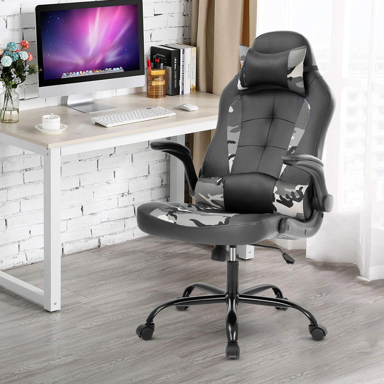 Ergonomic Gaming Chair with Lumbar Support & Head Pillow - Adjustable Leather Office Desk Chair for Home, Computer & Executive Work - Modern Swivel Rolling Task Chair (Camo Design) - Perfect for Gaming, Remote Work & Home Office Setup