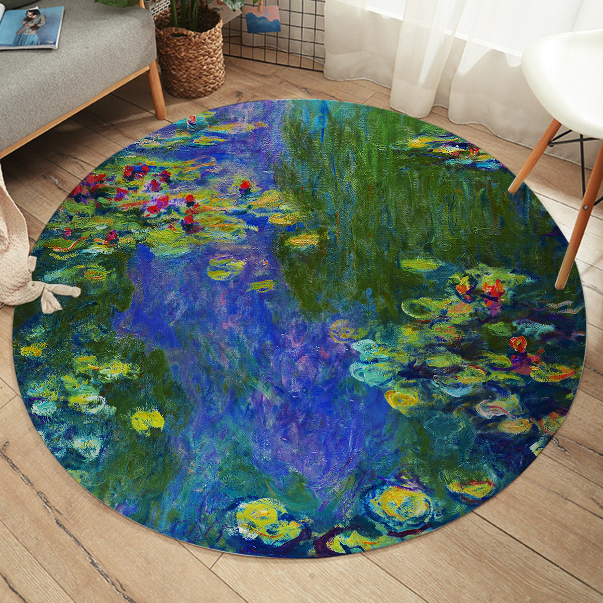 Claude Monet Water Lilies Round Area Rug - Non-Slip Floral Home Decor for Living Room, Bedroom, or Office