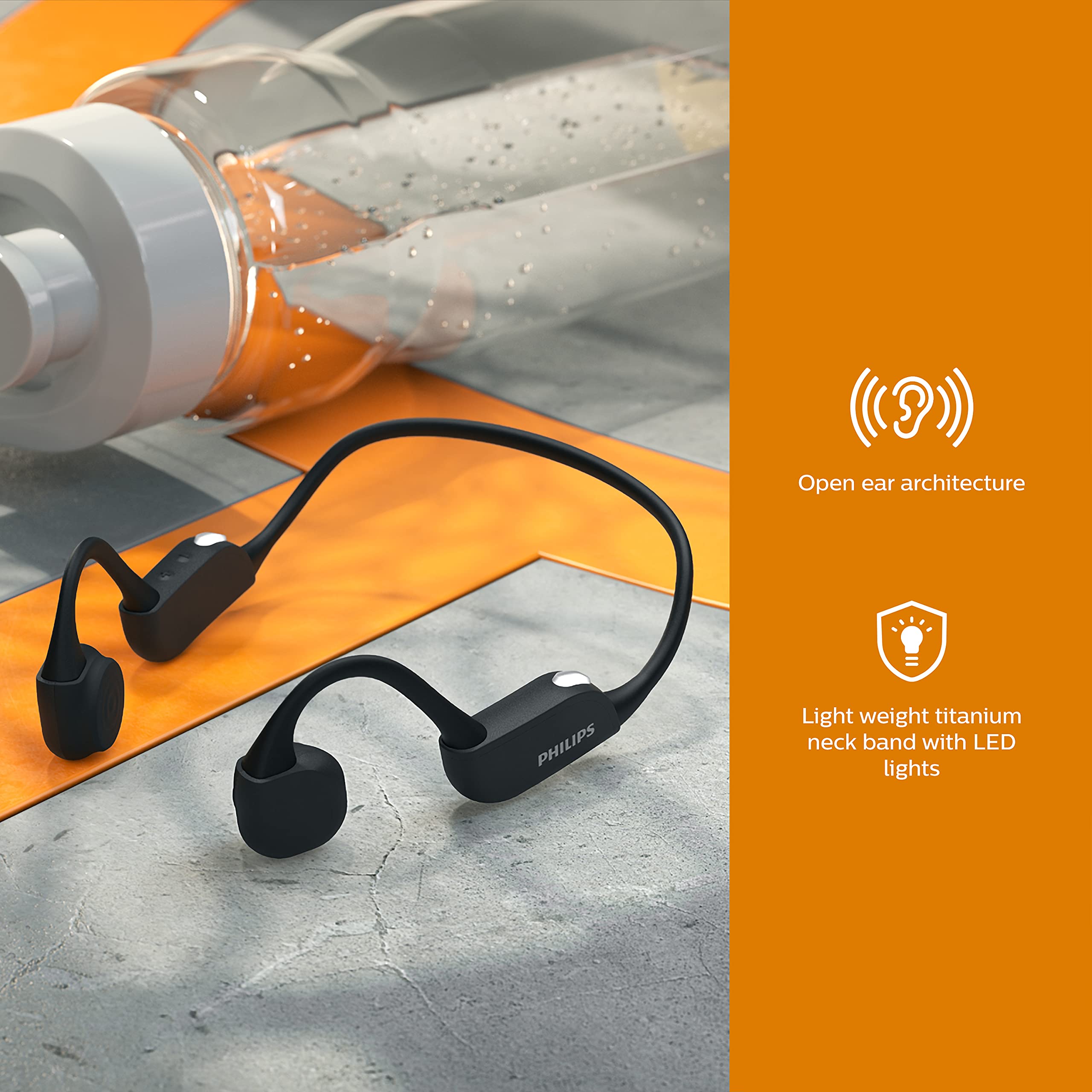 PHILIPS TAA6606BK Bone Conduction Open Ear Wireless Bluetooth Headphones - IP67 Waterproof Sports Earphones with Mic, 9H Playtime & Night Light - Perfect for Running, Cycling, Gym Workouts & Outdoor Activities