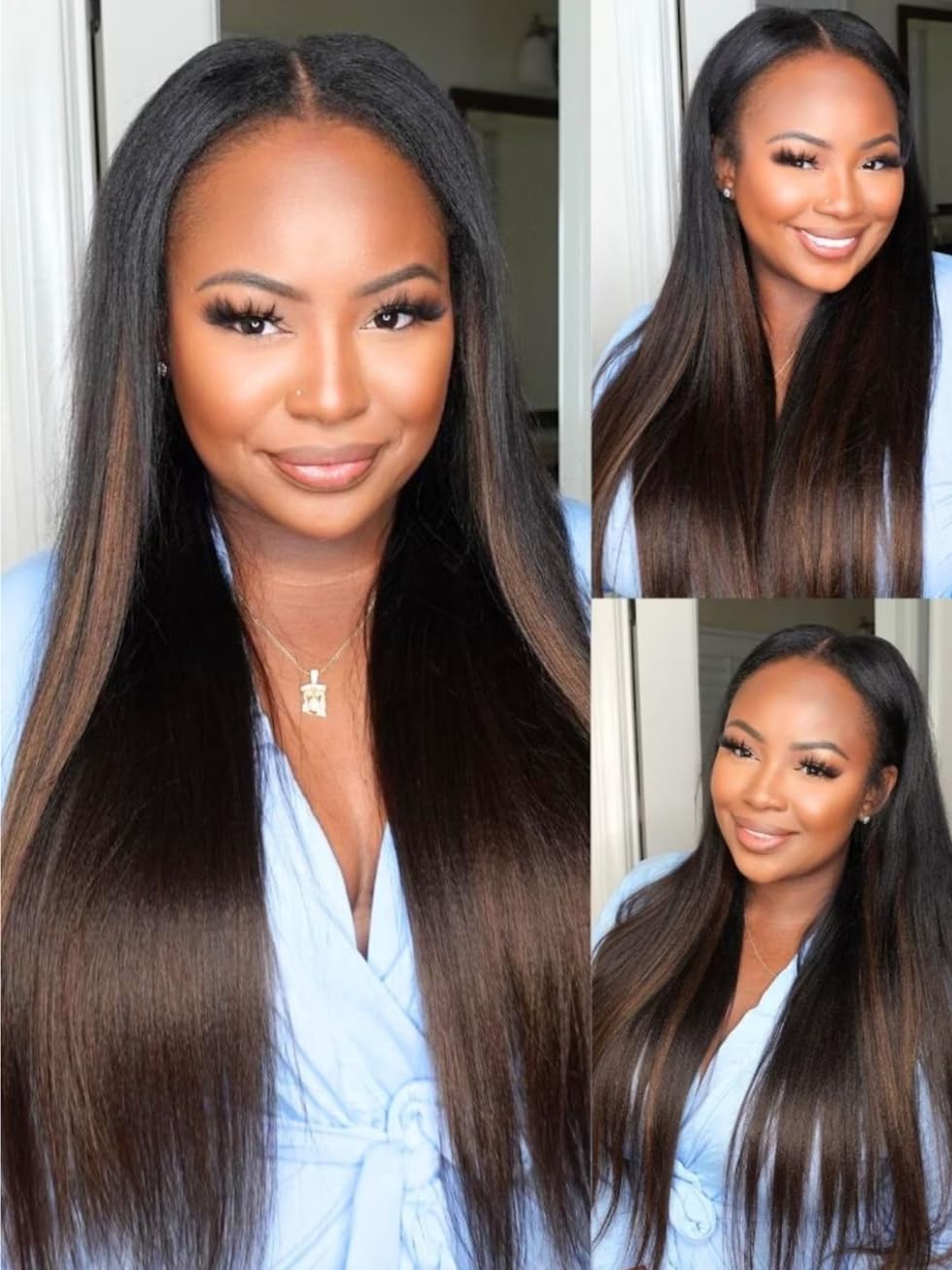 UNICE EasiContour Yaki Straight V Part Human Hair Wigs - 16 Inch 180% Density Glueless Clip-in with Drawstring, Black to Chestnut Brown Ombre | Perfect for Daily Wear, Cosplay & Special Occasions
