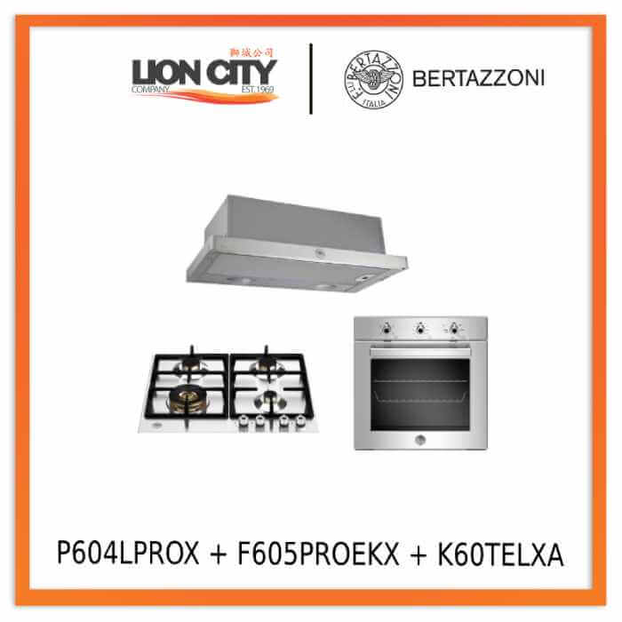 Bertazzoni P604LPROX 60cm 4-Burner Professional Gas Cooktop with F605PROEKX 5-Function Electric Oven & K60TELXA Stainless Steel Range Hood - Perfect for Modern Kitchens, Restaurants & Home Chefs