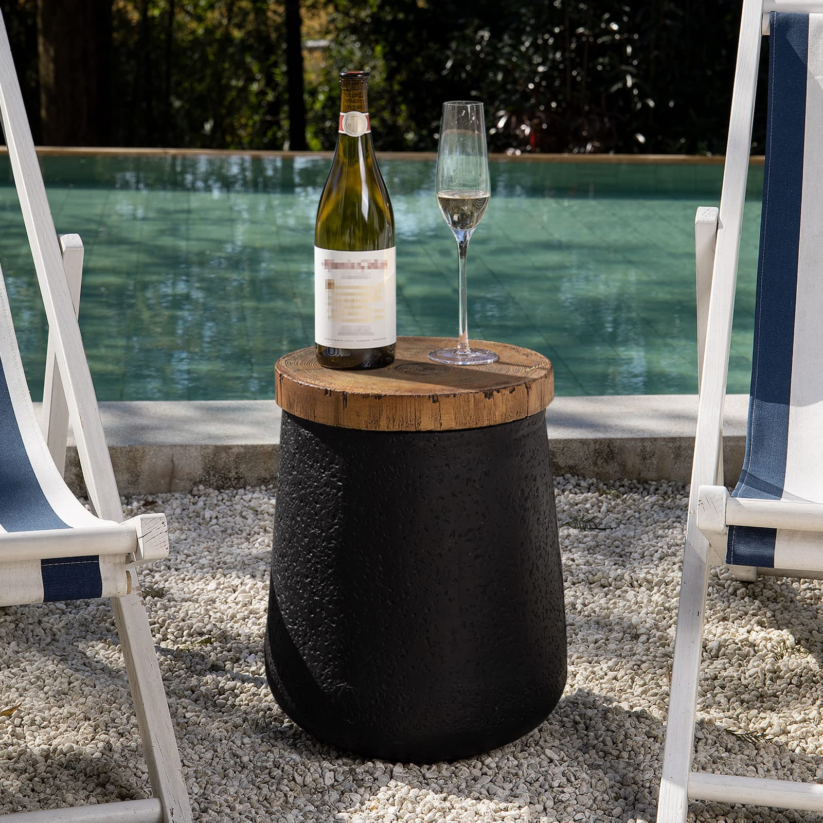 Stylish 2-Piece Outdoor Side Table Set - Black Drum End Tables with Faux-Wood Top & Hand-Painted Tree Trunk Design - Perfect for Patio, Garden, or Poolside Decor
