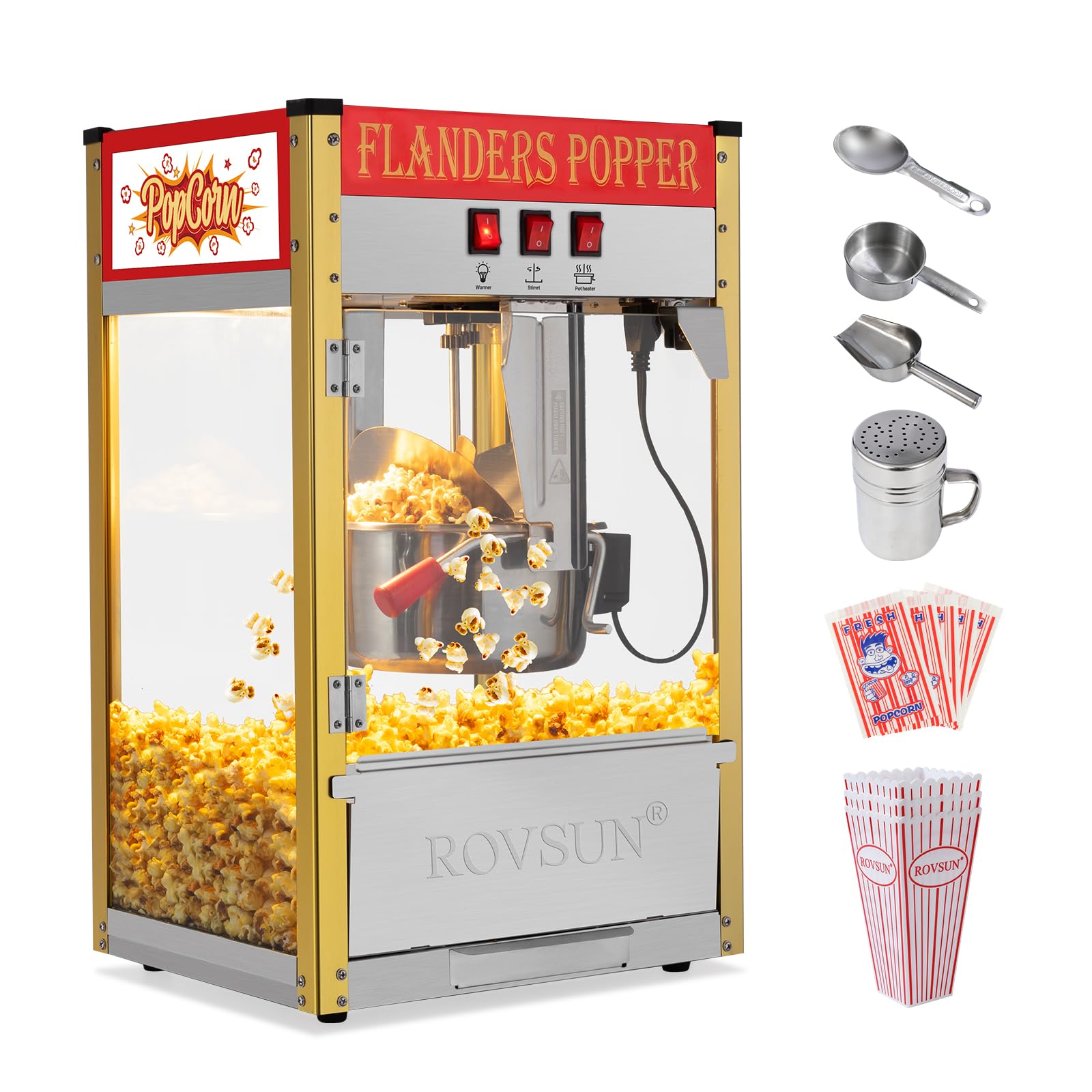 ROVSUN 10 Ounce Commercial Popcorn Machine - Makes 4 Gallons, Countertop Popcorn Popper with Stainless Steel Scoop, Oil Spoon & 3 Cups - Perfect for Movie Nights, Parties, and Carnival Snack Stands (Red)