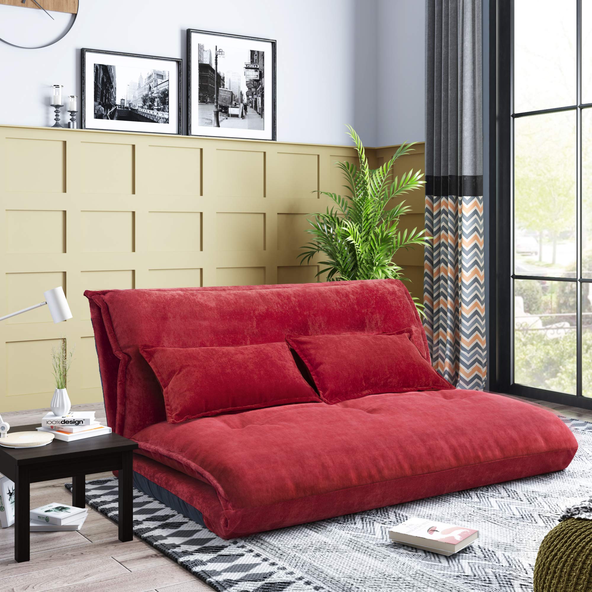 Adjustable Lazy Sofa Bed - Modern Floor Sofa for Gaming & Leisure with 2 Pillows - Polyester Red - Perfect for Living Room, Bedroom & Small Spaces