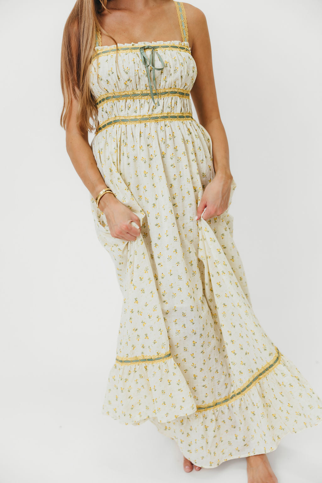 Elegant Floral Lace Contrast Maxi Dress in Daffodil Yellow - Perfect for Summer Weddings, Garden Parties & Special Occasions