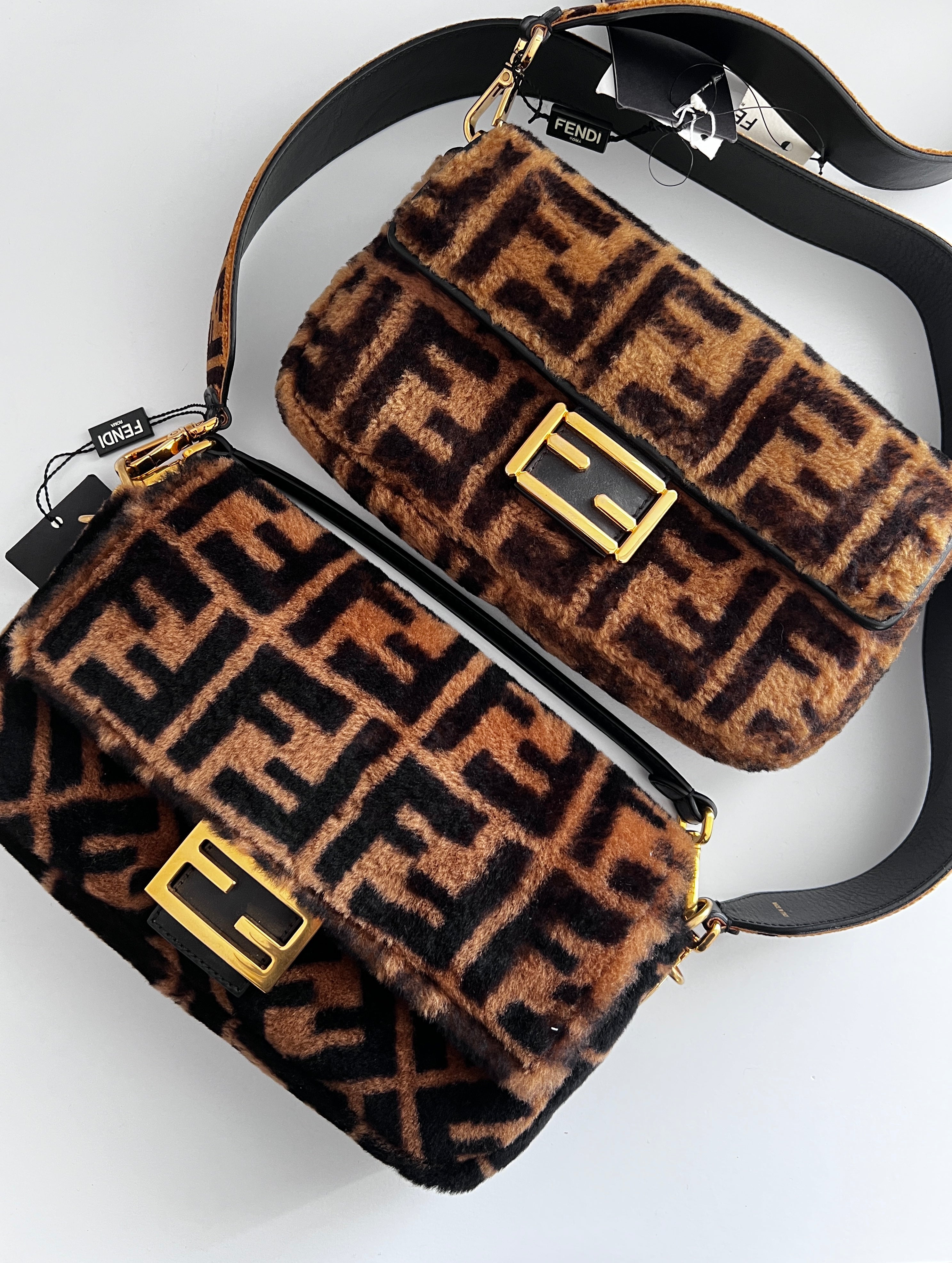 Fendi FF Shearling Baguette Bag - Vintage Style Leather Shoulder Bag for Women | Luxury Designer Handbag for Everyday Use, Parties & Travel